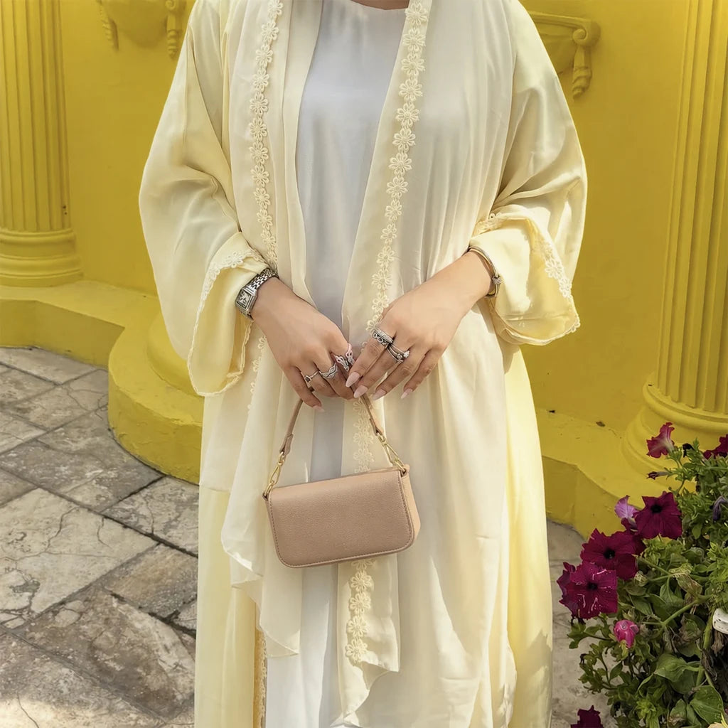 Summer Lace Flower Abaya with Scarf – Open Front Robe, Side Pockets