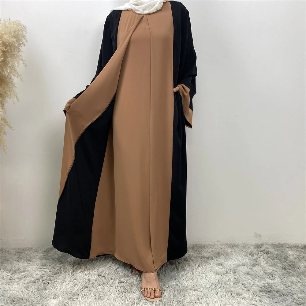 Luxury Splicing Faux Two-Piece Abaya – Zip Front Colour-Block Robe
