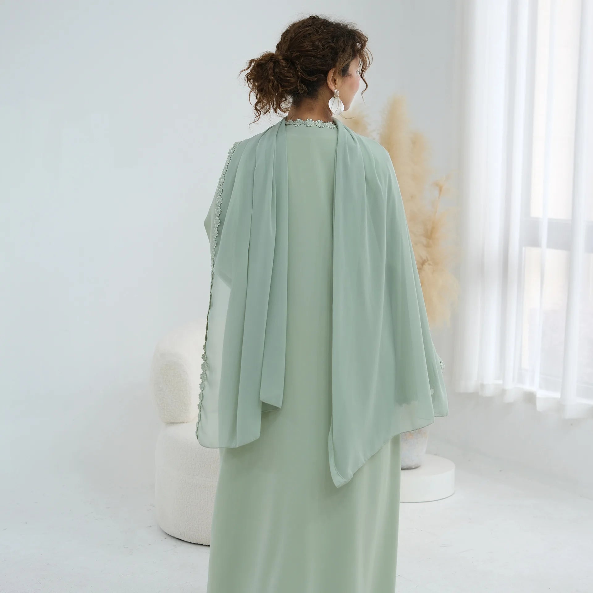 Eid Abaya with Hijab Set – Lace Detail Open Front Robe
