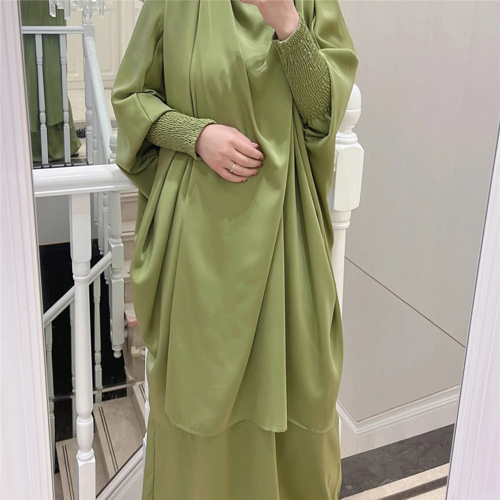 Eid Djellaba Kebaya Two-Piece Set – Hooded Satin Khimar & Skirt, One Size