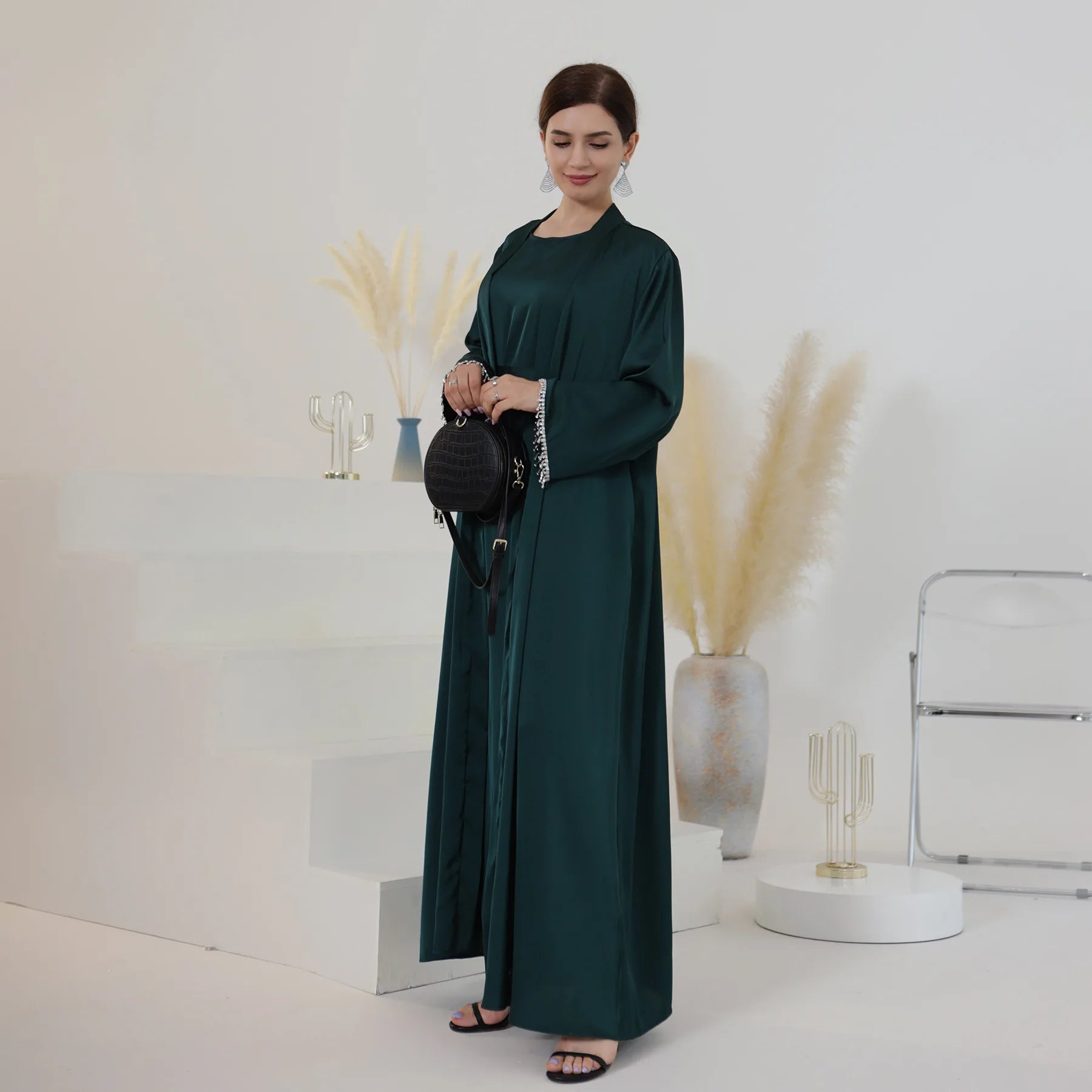 Nida Crystal Chain Evening Set – Cardigan, Dress & Chain | AbayaVida