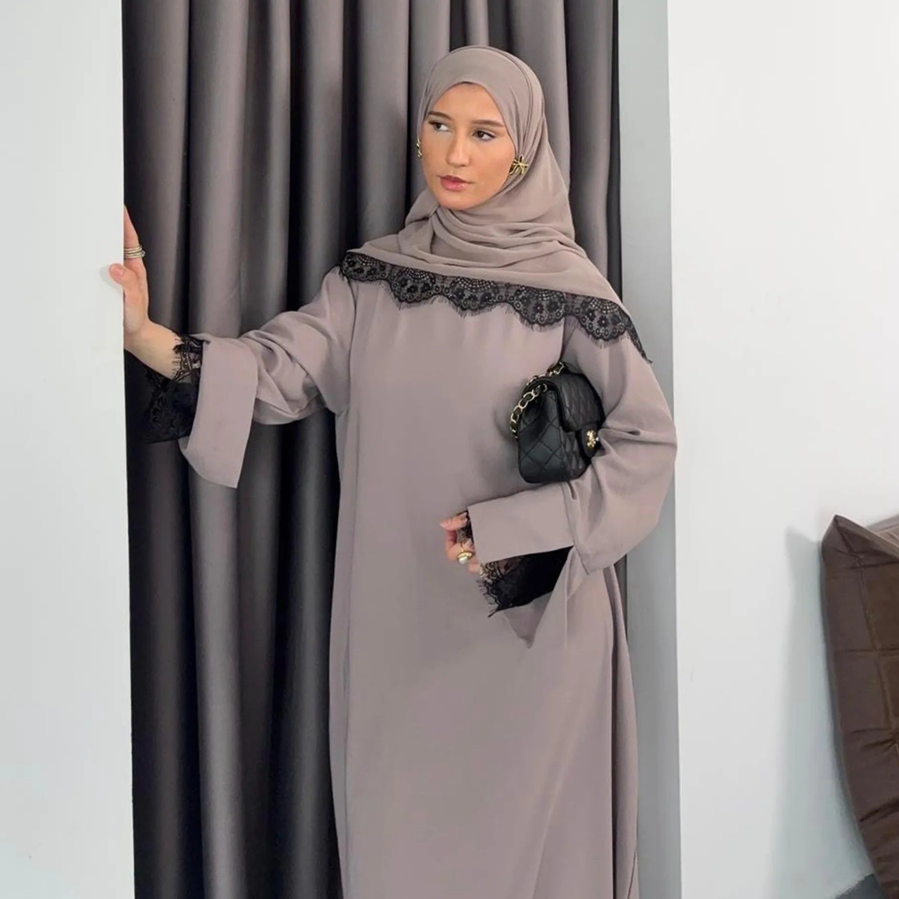 Lace Hijab Dress Suit – Elegant Closed Front Abaya - Khaki - XL | AbayaVida