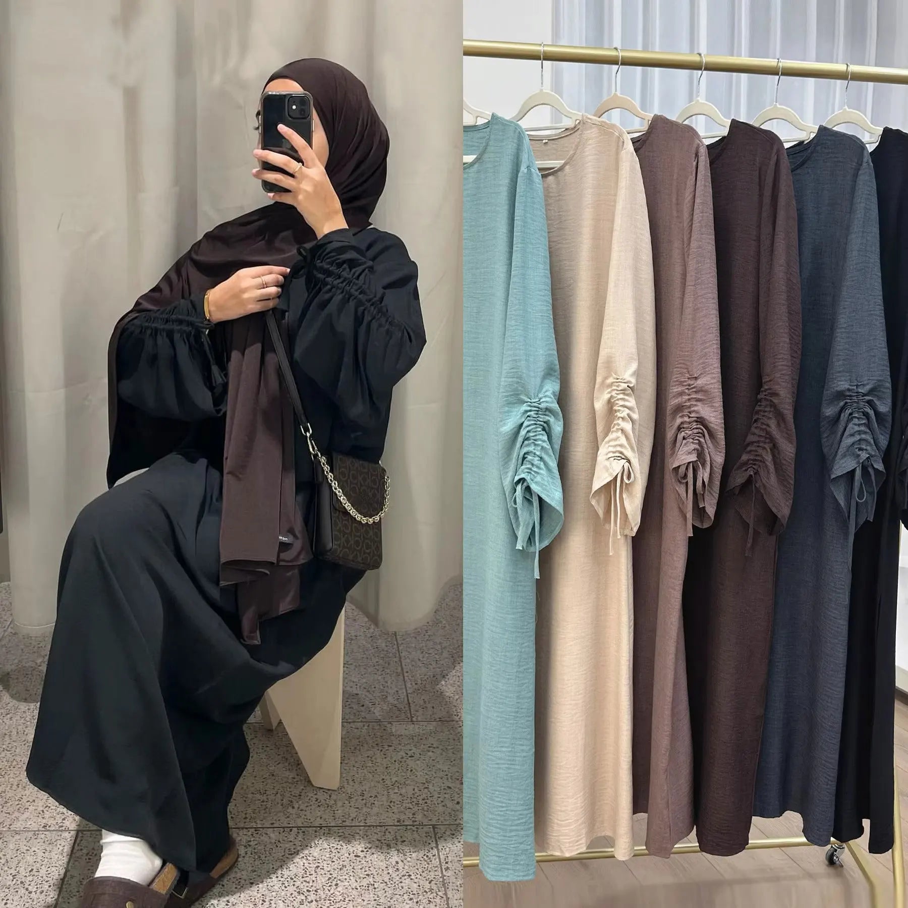 Lace-Up Sleeve Casual Robe – Closed Front Modest Dress - Mocha - M | AbayaVida