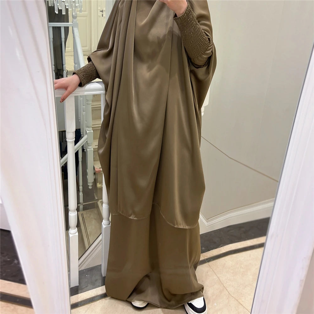 Eid Djellaba Kebaya Two-Piece Set – Hooded Satin Khimar & Skirt, One Size