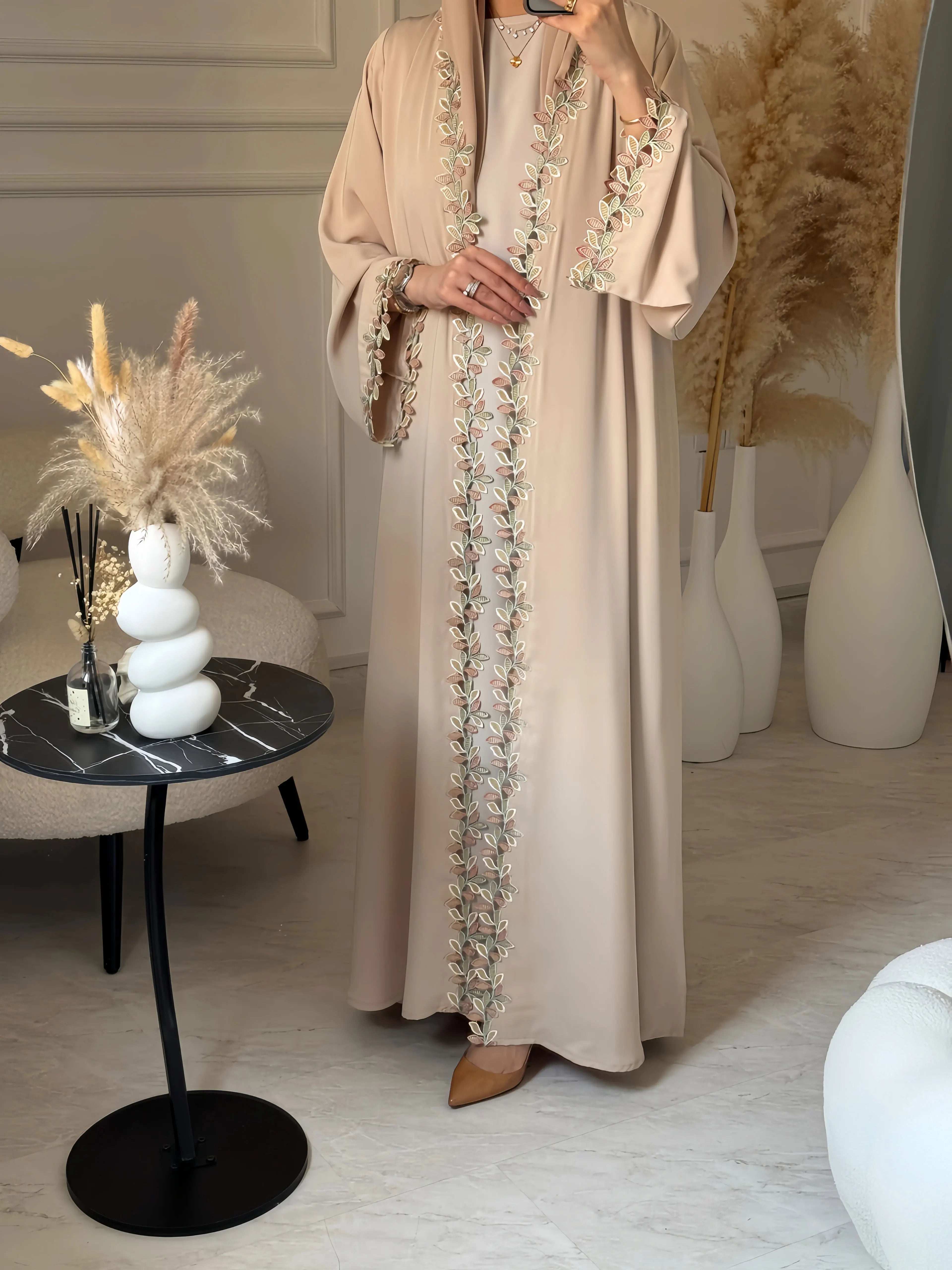 Beige Harmony Embroidered Abaya - Abaya Vida