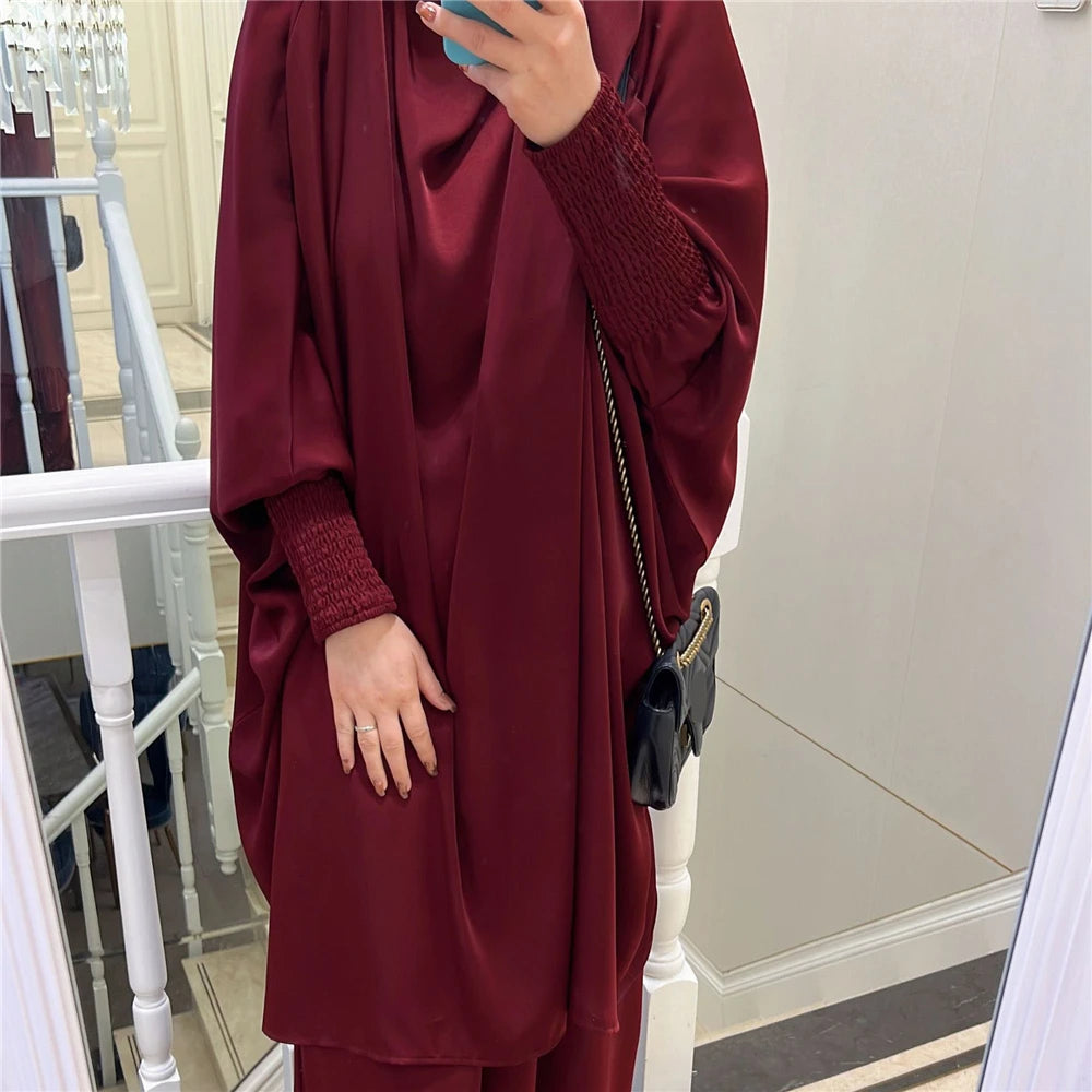 Eid Djellaba Kebaya Two-Piece Set – Hooded Satin Khimar & Skirt, One Size