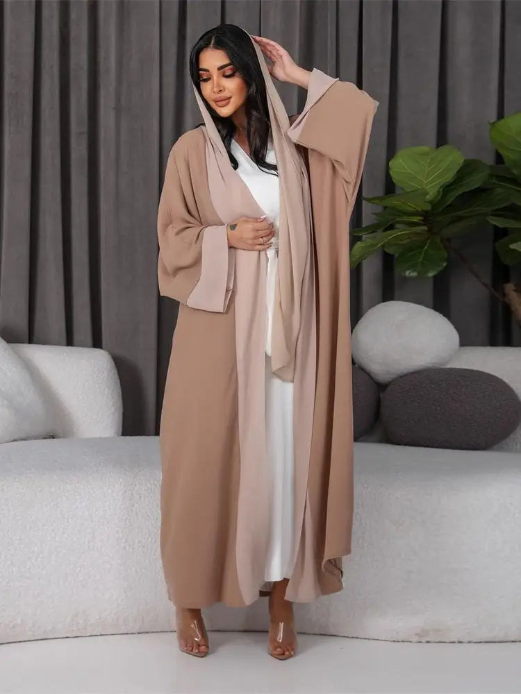 White & Khaki Kimono Abaya for Women – Open Front Cardigan Robe
