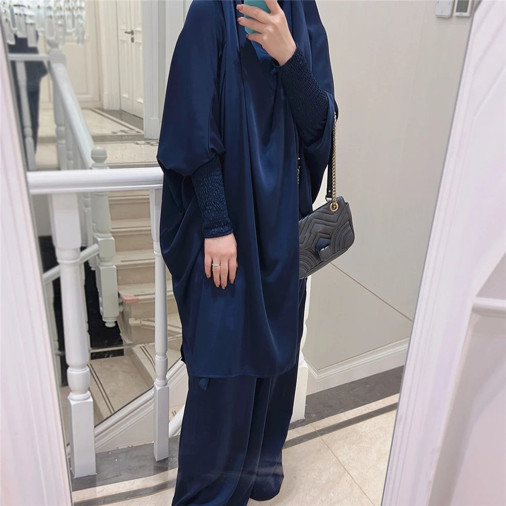Eid Djellaba Kebaya Two-Piece Set – Hooded Satin Khimar & Skirt, One Size