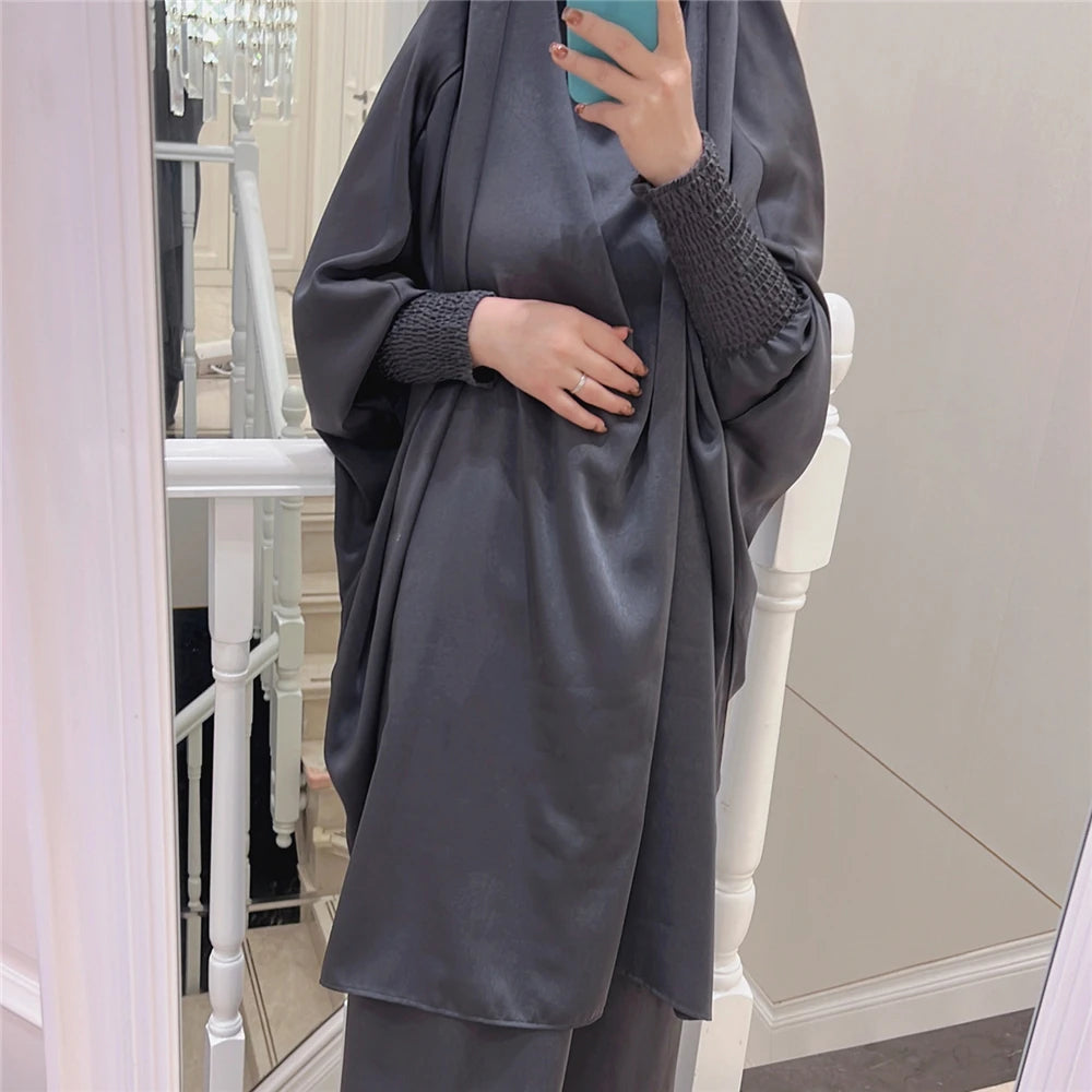 Eid Djellaba Kebaya Two-Piece Set – Hooded Satin Khimar & Skirt, One Size