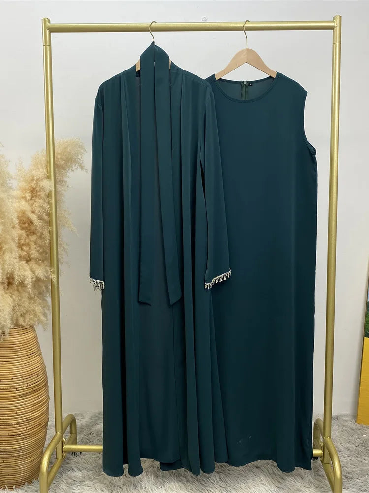 Nida Crystal Chain Evening Set – Cardigan, Dress & Chain | AbayaVida