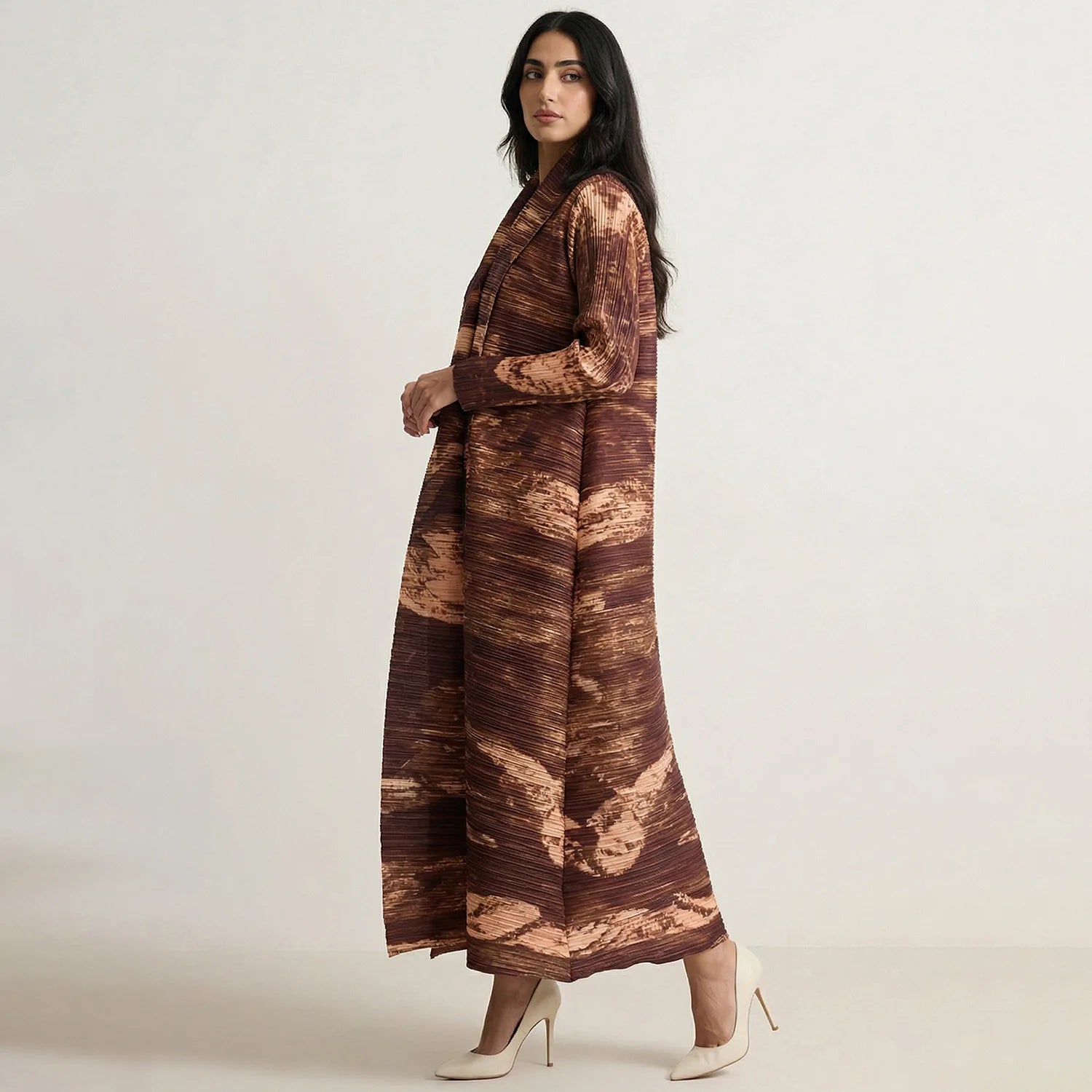 Pleated Stand Collar Abaya – Chic Open Front Robe, One Size