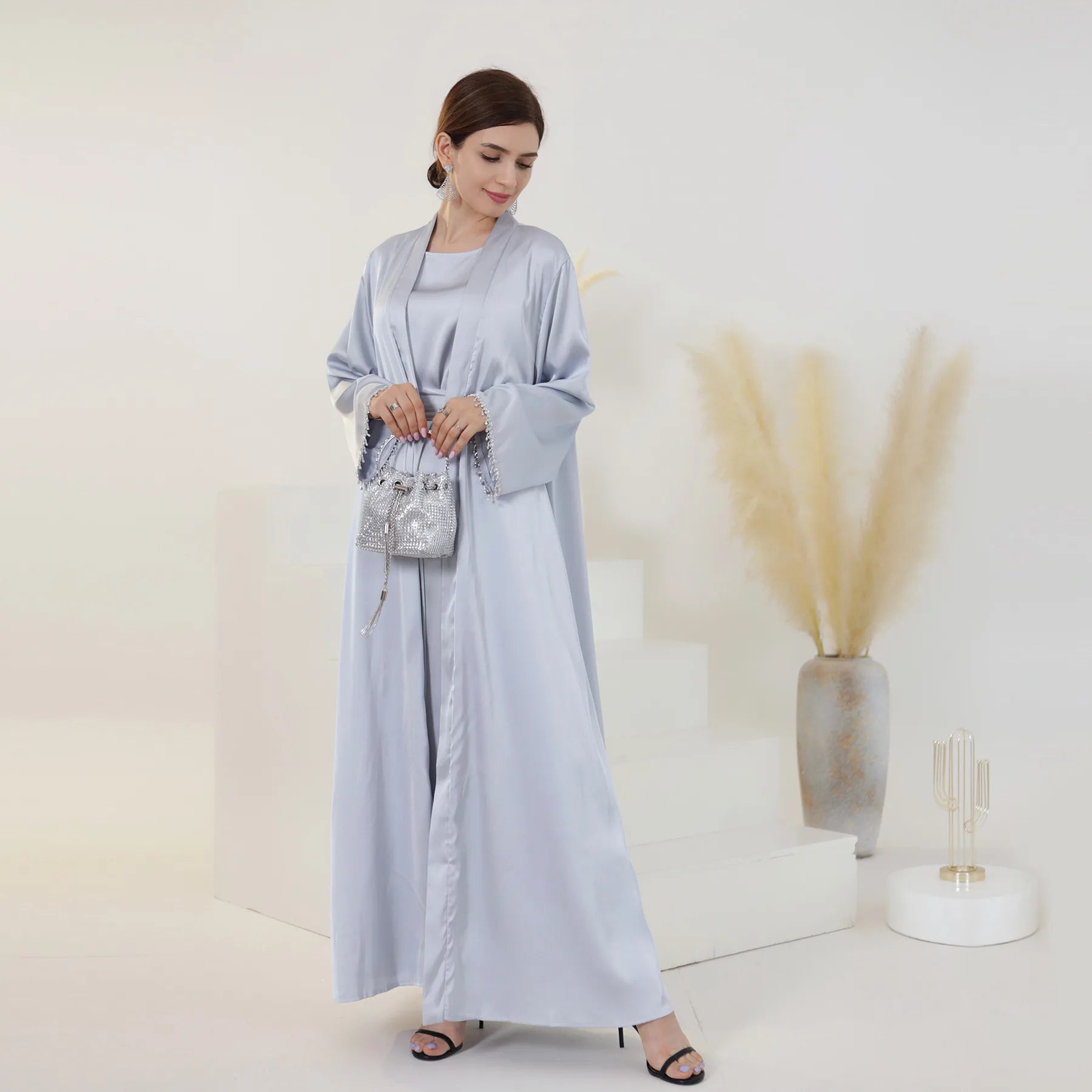 Nida Crystal Chain Evening Set – Cardigan, Dress & Chain | AbayaVida