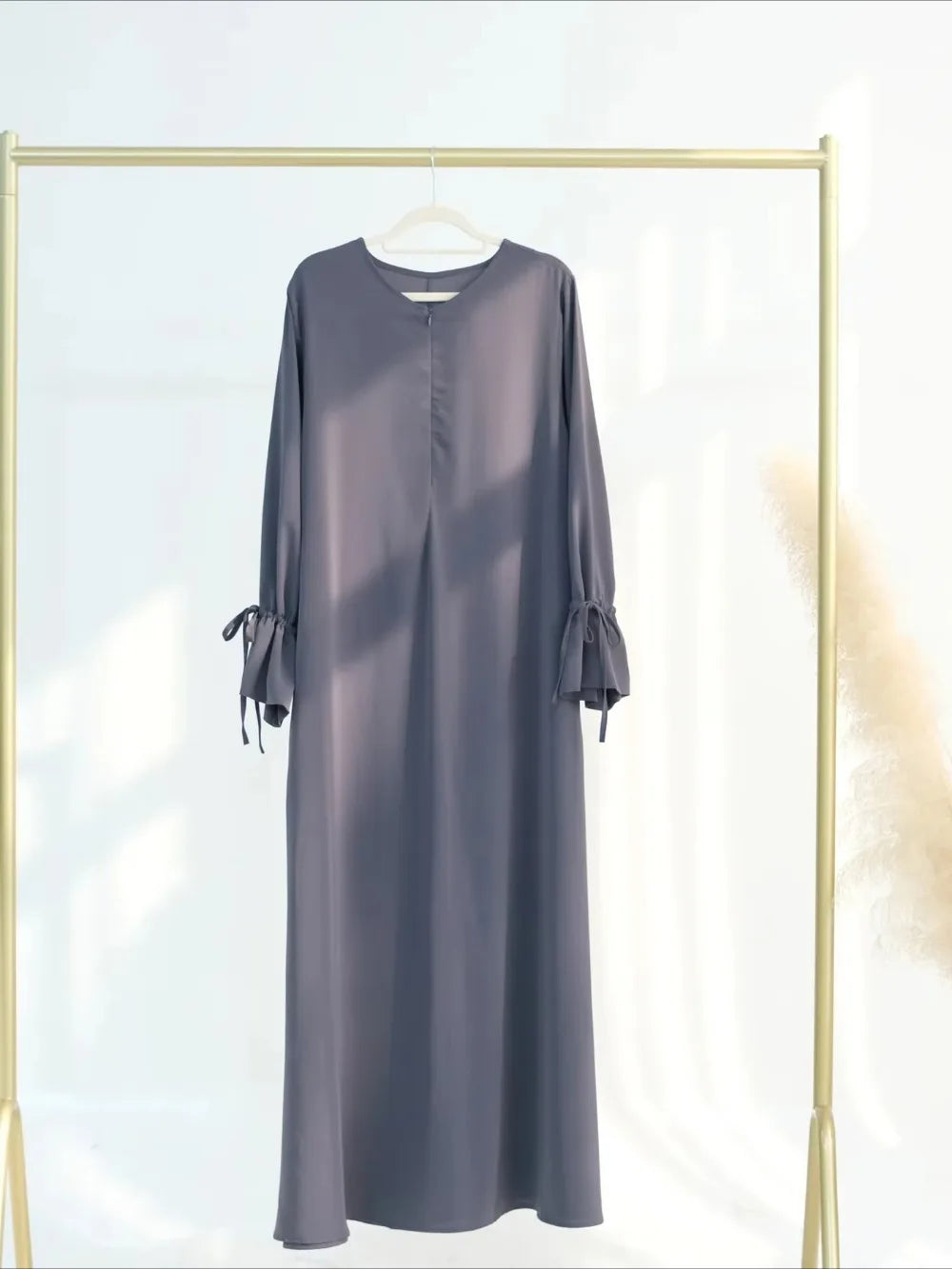 Bow Lace-Up Eid Dress – Adjustable Waist Festival Robe - Gray - L | AbayaVida
