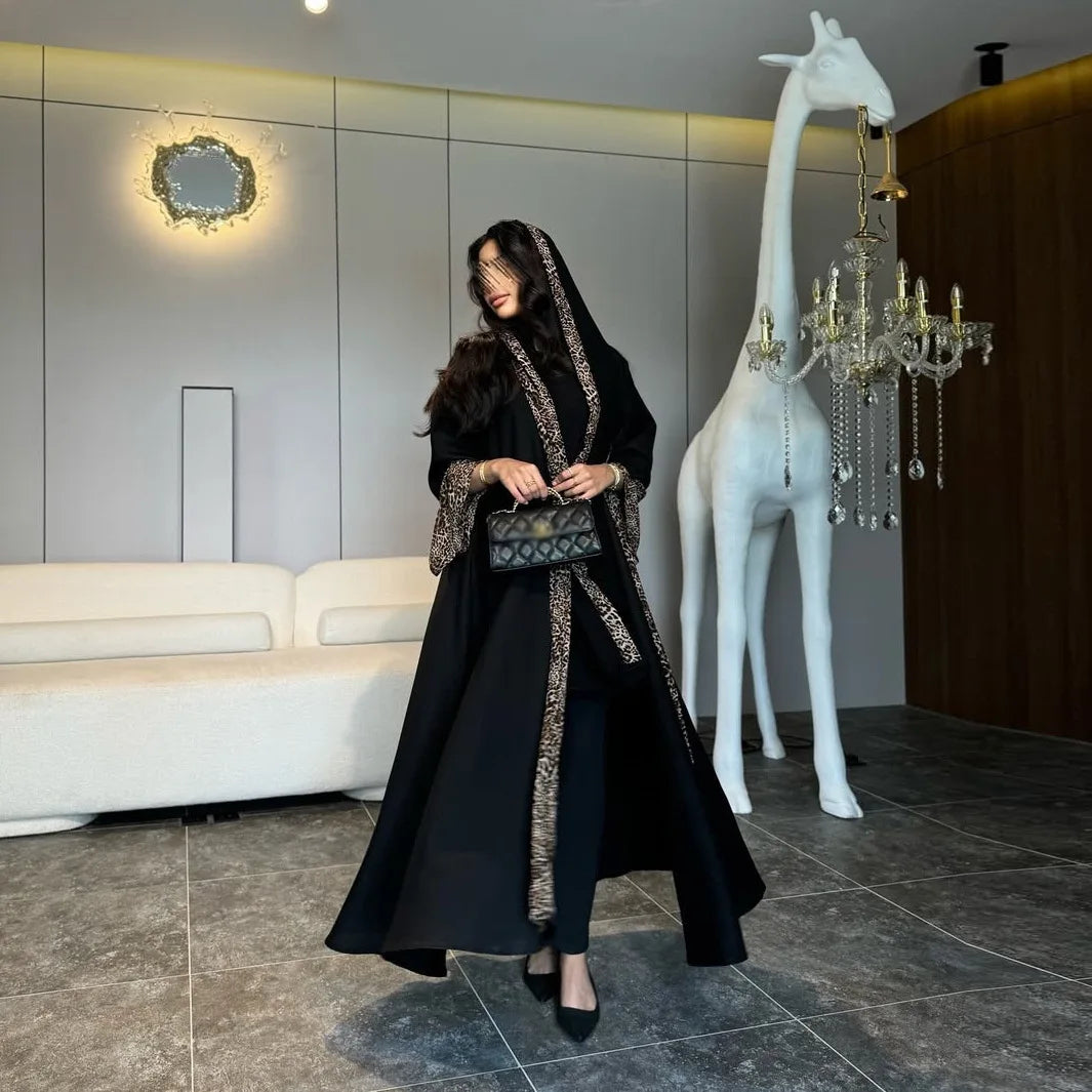 Leopard Trim Chiffon Abaya Set with Hijab – Open Front Kaftan | AbayaVida