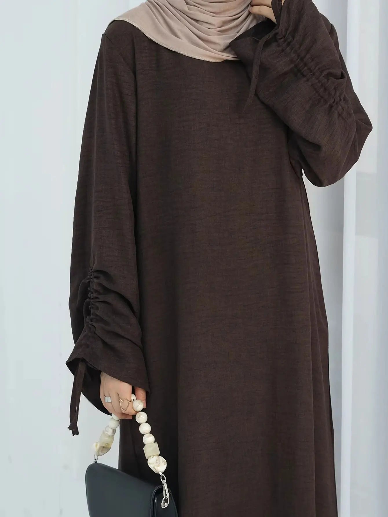 Lace-Up Sleeve Casual Robe – Closed Front Modest Dress - Black - XL | AbayaVida