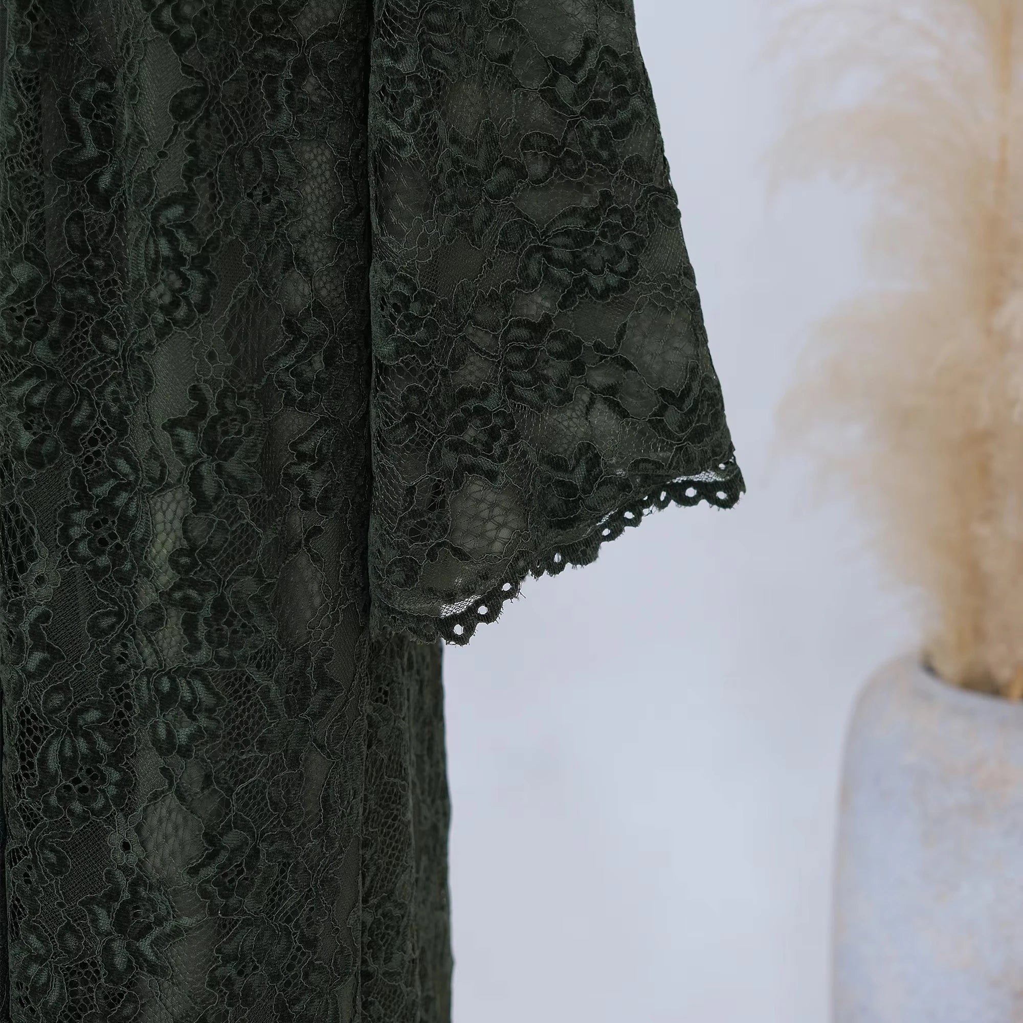 Zahraa Beaded Kimono Abaya – Lined Lace Open Front Robe | AbayaVida