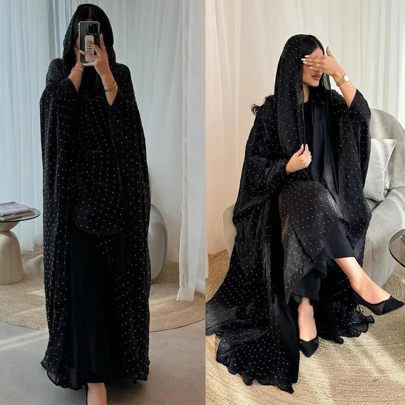 Luxurious Rhinestone Abaya Set with Headscarf – Draped Kaftan, One Size - Title Default Title | AbayaVida