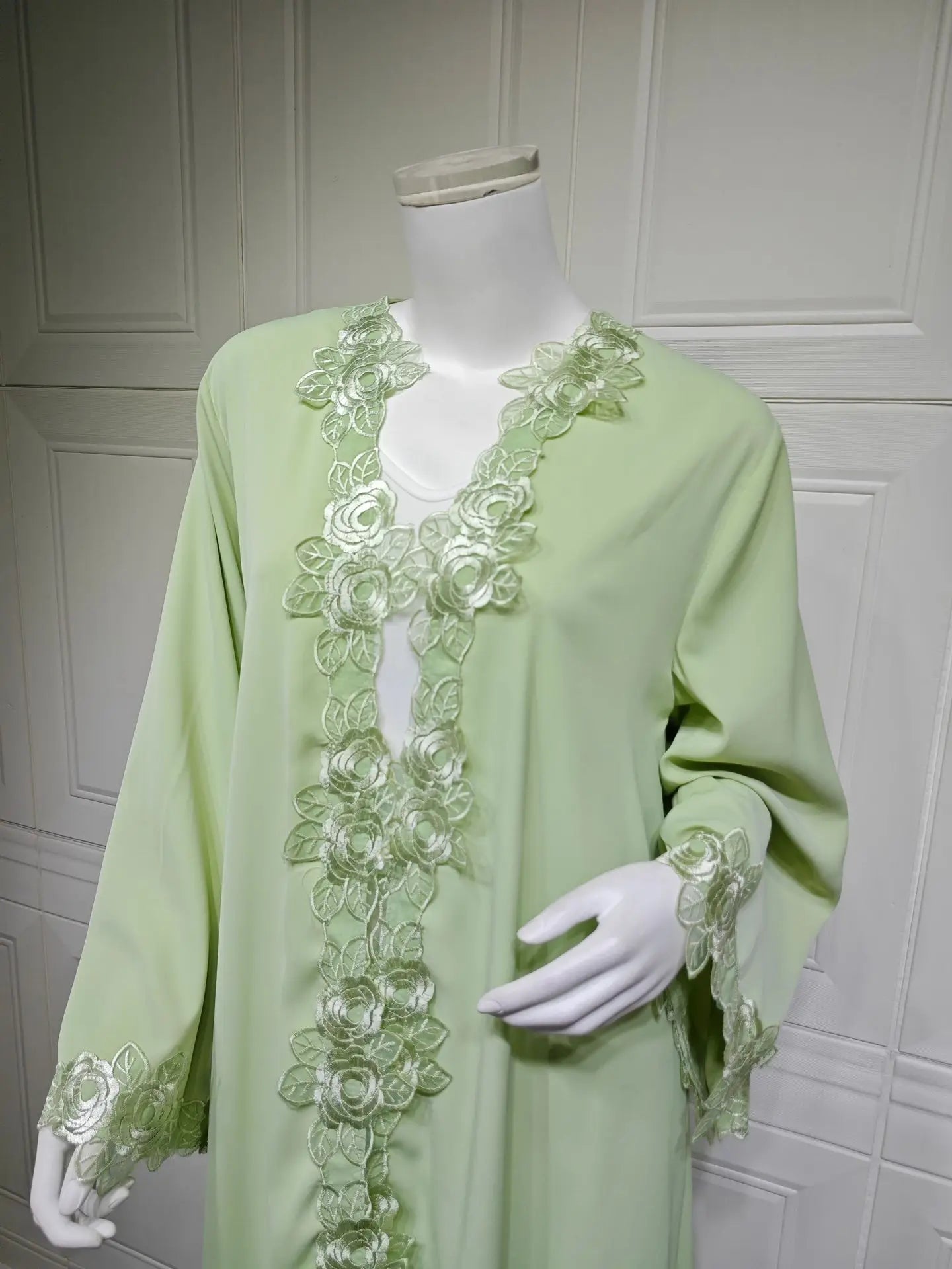 Embroidered Eid Cardigan Robe – Open Front Party Abaya in Green | AbayaVida