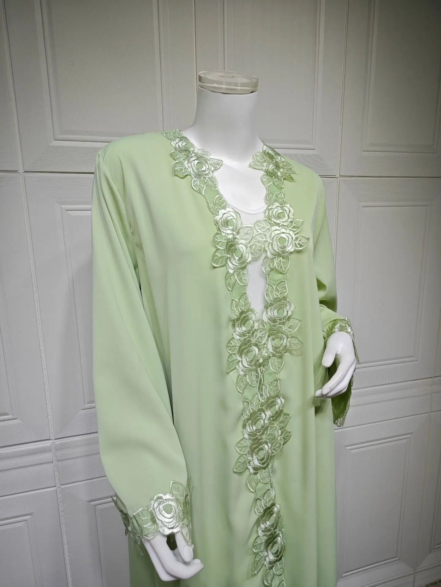 Embroidered Eid Cardigan Robe – Open Front Party Abaya in Green | AbayaVida