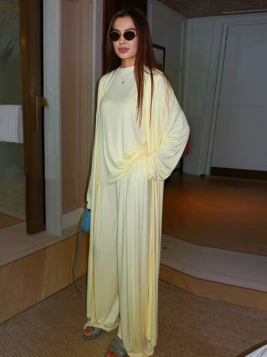 Dubai Three-Piece Abaya Set – Cardigan, Top & Trousers Coordinated Outfit