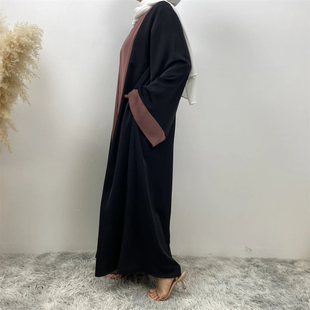 Luxury Splicing Faux Two-Piece Abaya – Zip Front Colour-Block Robe