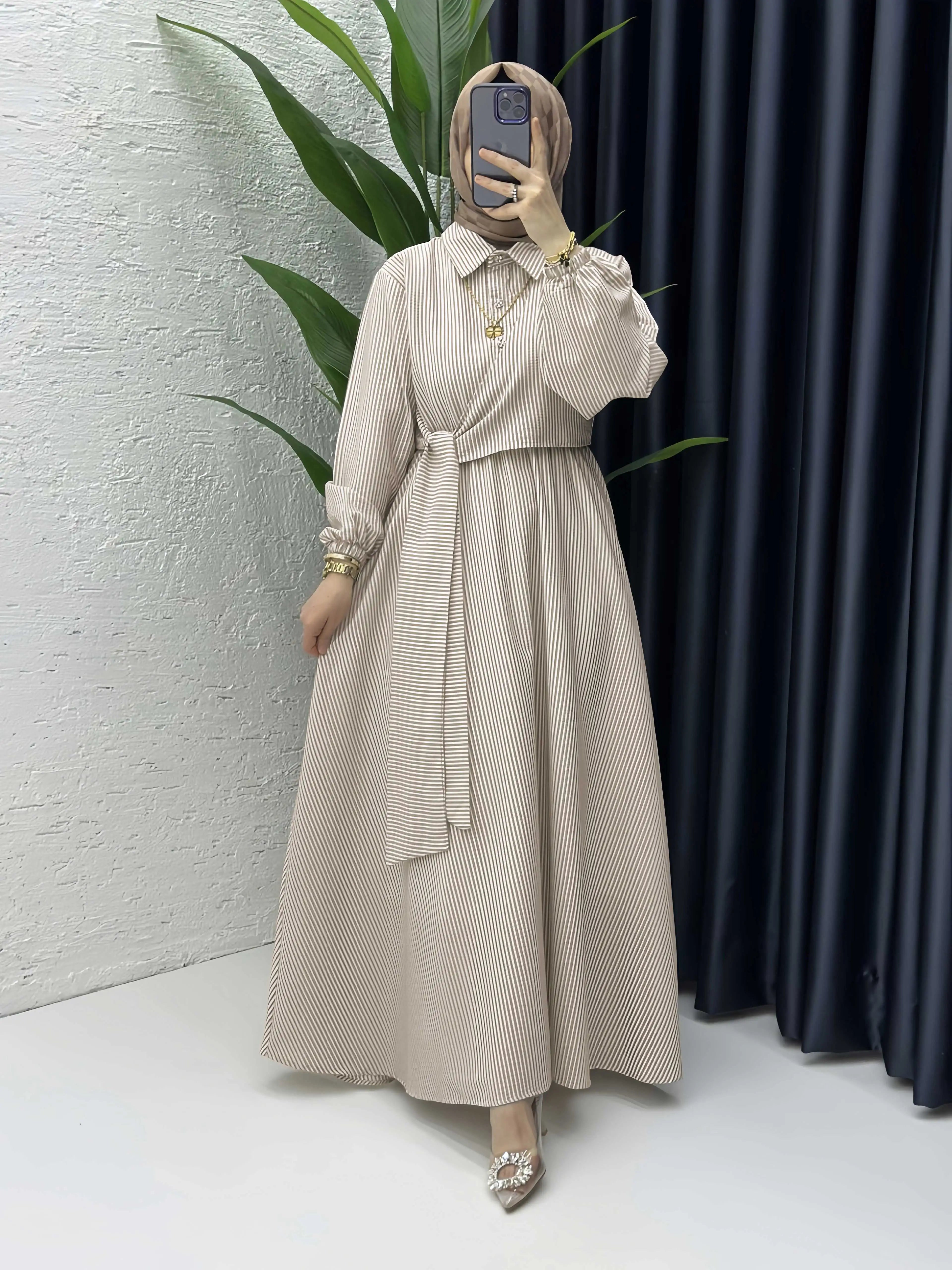Belted Striped Modest Dress – Shirt Neckline Commute Robe | AbayaVida