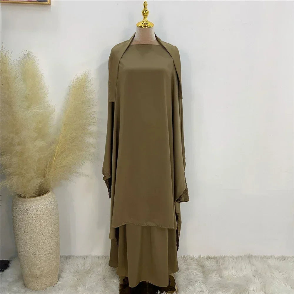 Eid Djellaba Kebaya Two-Piece Set – Hooded Satin Khimar & Skirt, One Size