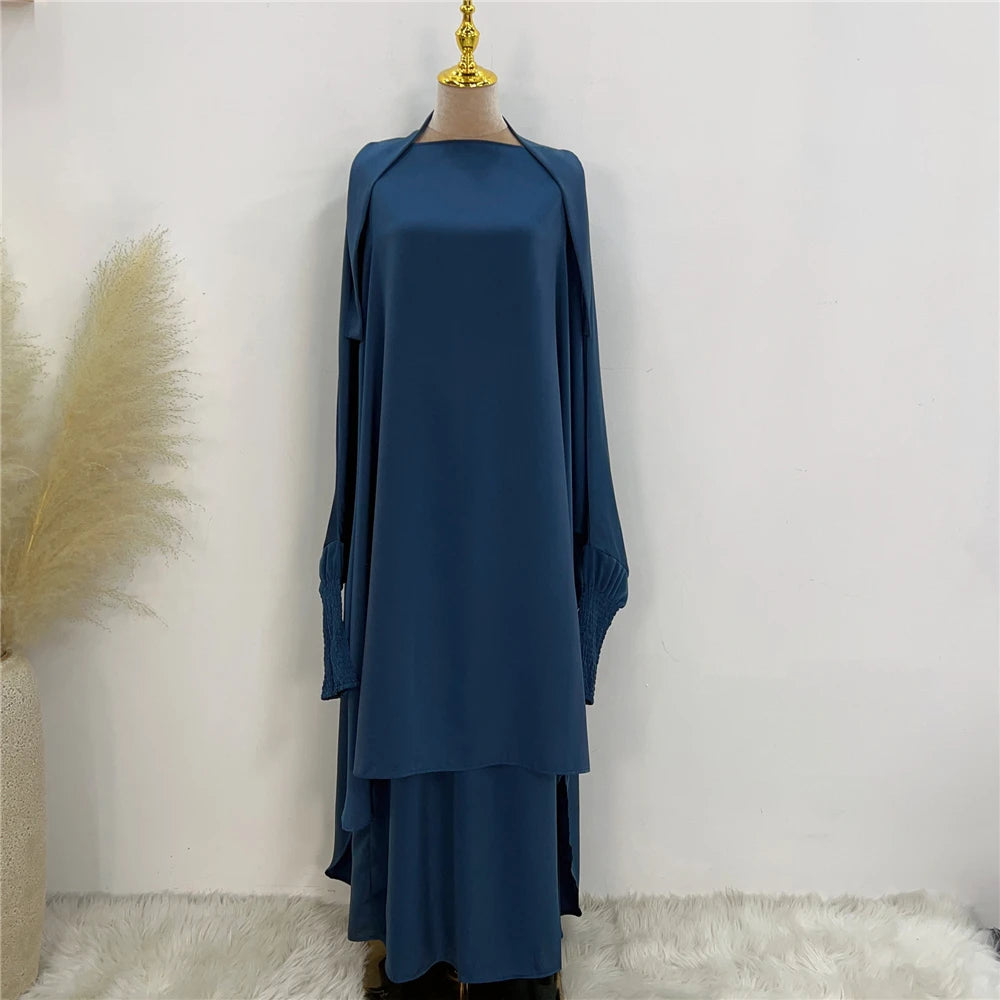 Eid Djellaba Kebaya Two-Piece Set – Hooded Satin Khimar & Skirt, One Size