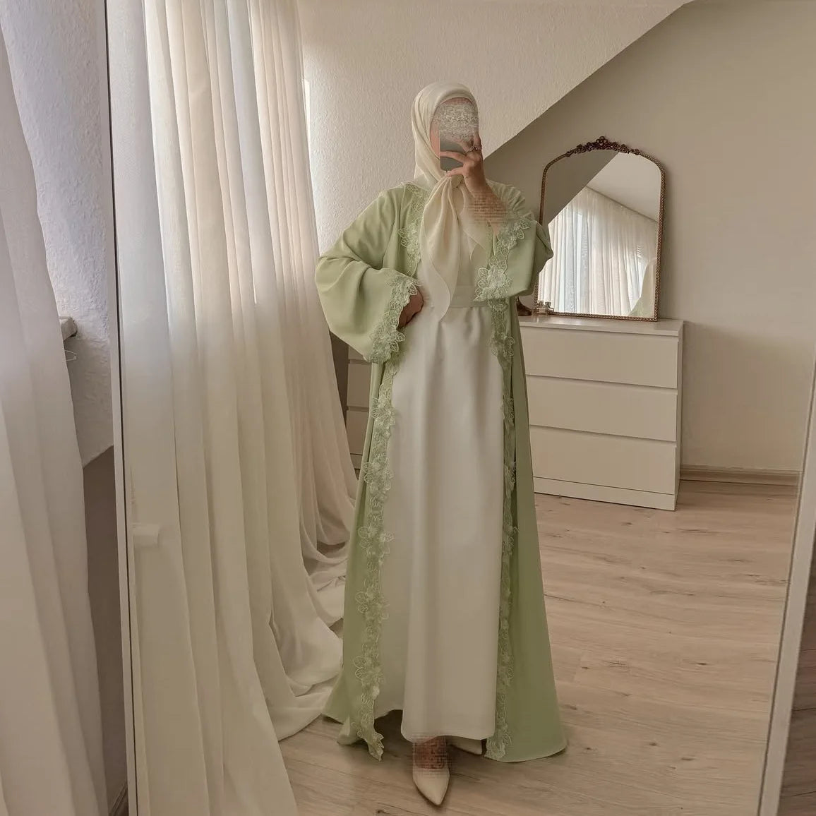 Embroidered Eid Cardigan Robe – Open Front Party Abaya in Green | AbayaVida