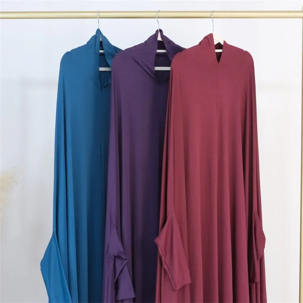Full Cover Bat Sleeve Hooded Abaya – Pullover Prayer Gown - Light Gray Purple - S | AbayaVida