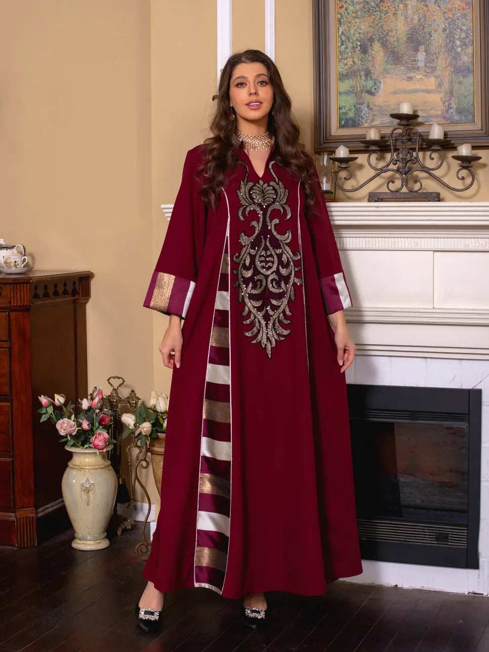 Embroidered Stripe Abaya - Abaya Vida