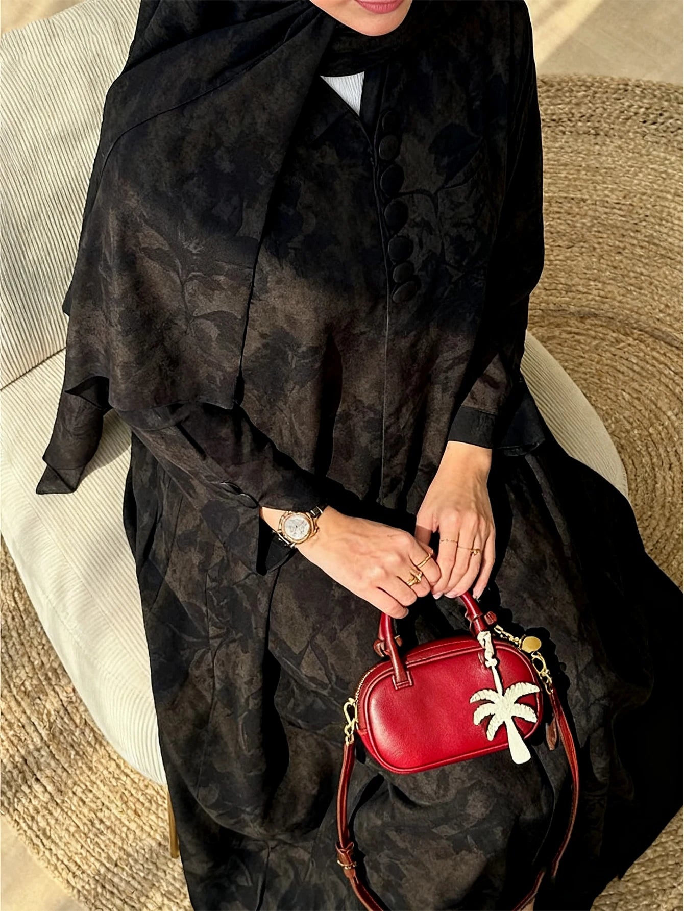 Printed Abaya with Headscarf – Traditional Festival Robe, One Size