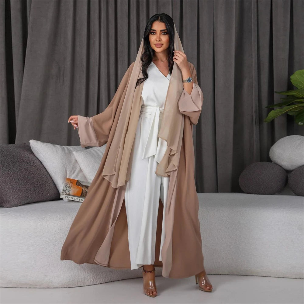 White & Khaki Kimono Abaya for Women – Open Front Cardigan Robe