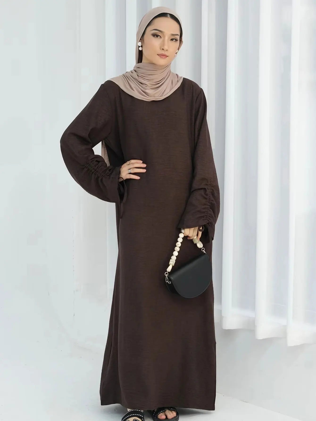 Lace-Up Sleeve Casual Robe – Closed Front Modest Dress - Mocha - L | AbayaVida