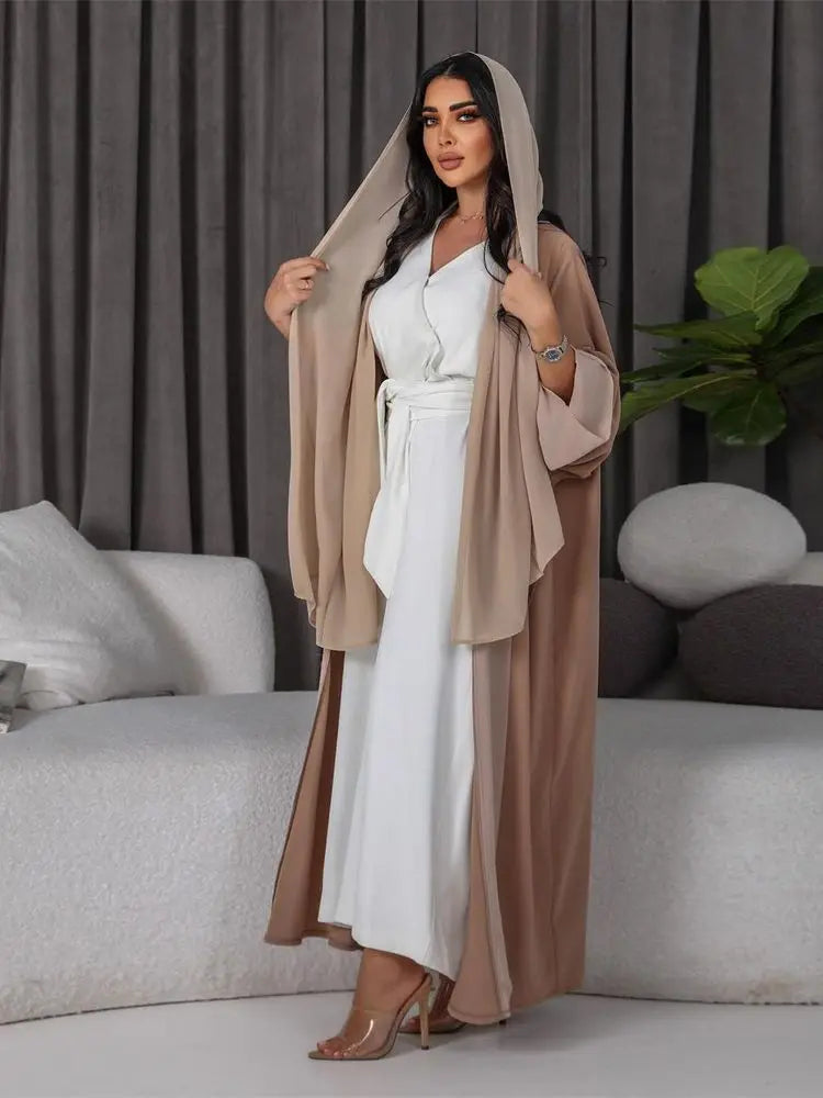 White & Khaki Kimono Abaya for Women – Open Front Cardigan Robe