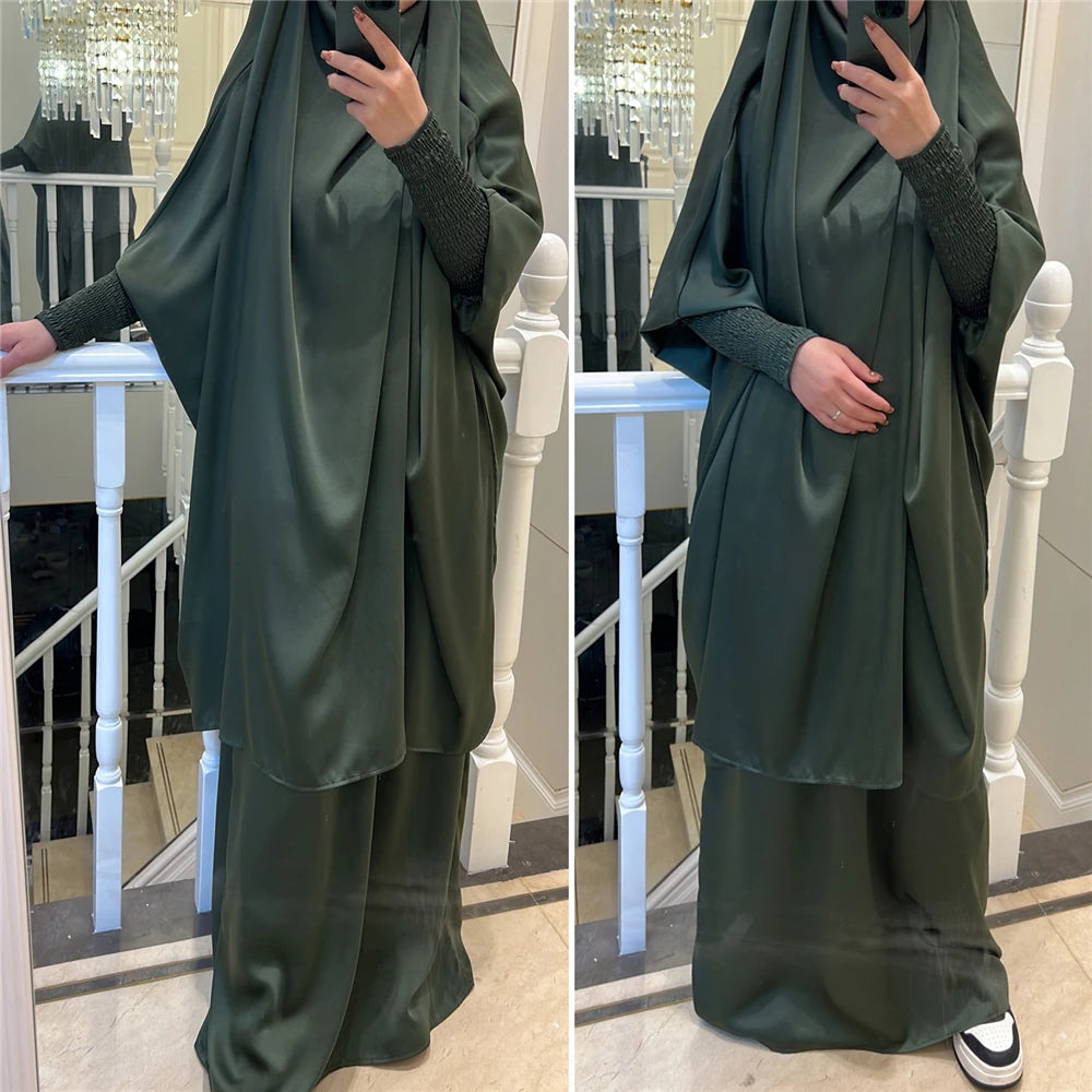 Eid Djellaba Kebaya Two-Piece Set – Hooded Satin Khimar & Skirt, One Size