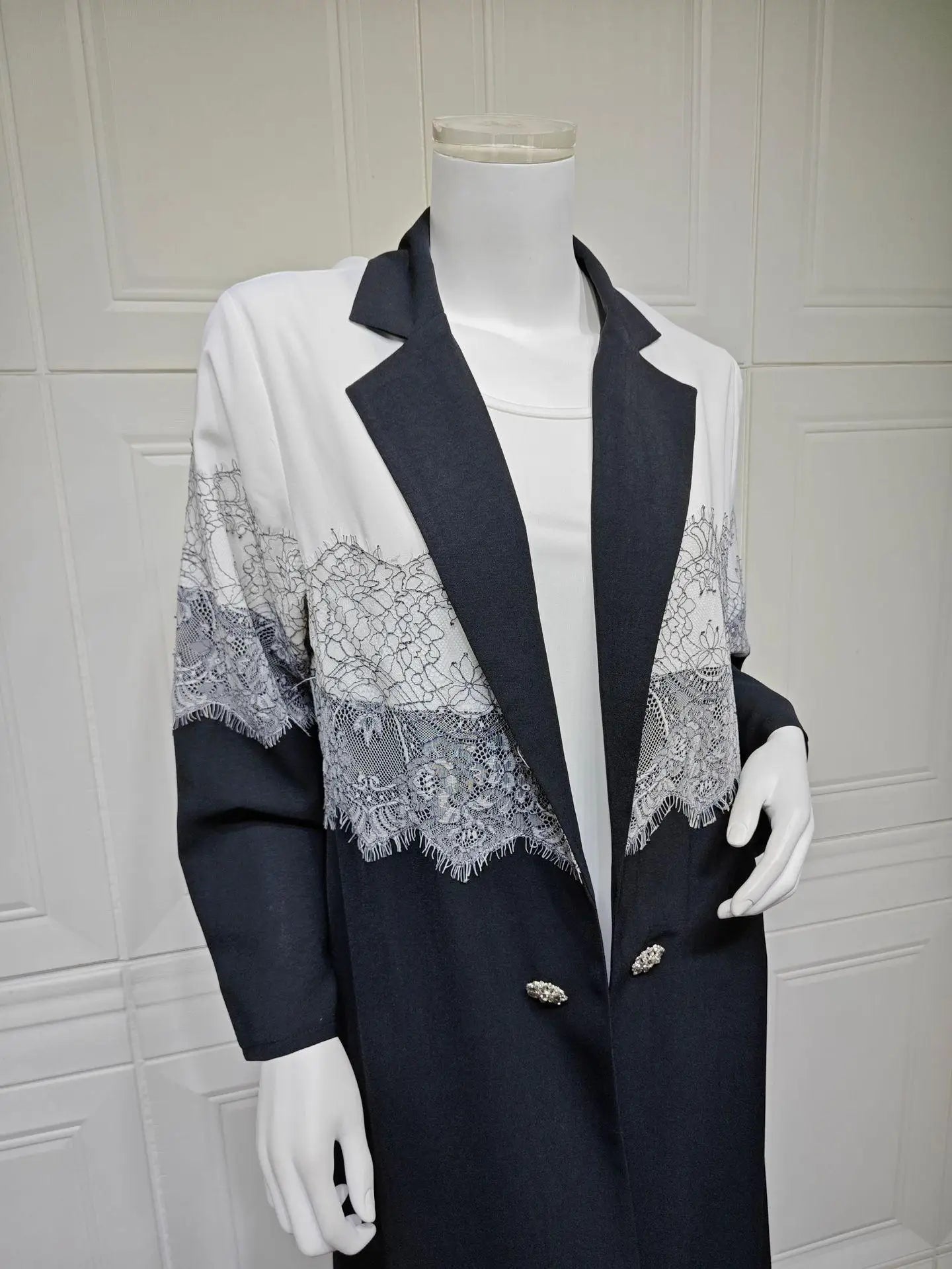 Modest Lace Trim Abaya – Open Front Robe with Lapel Collar