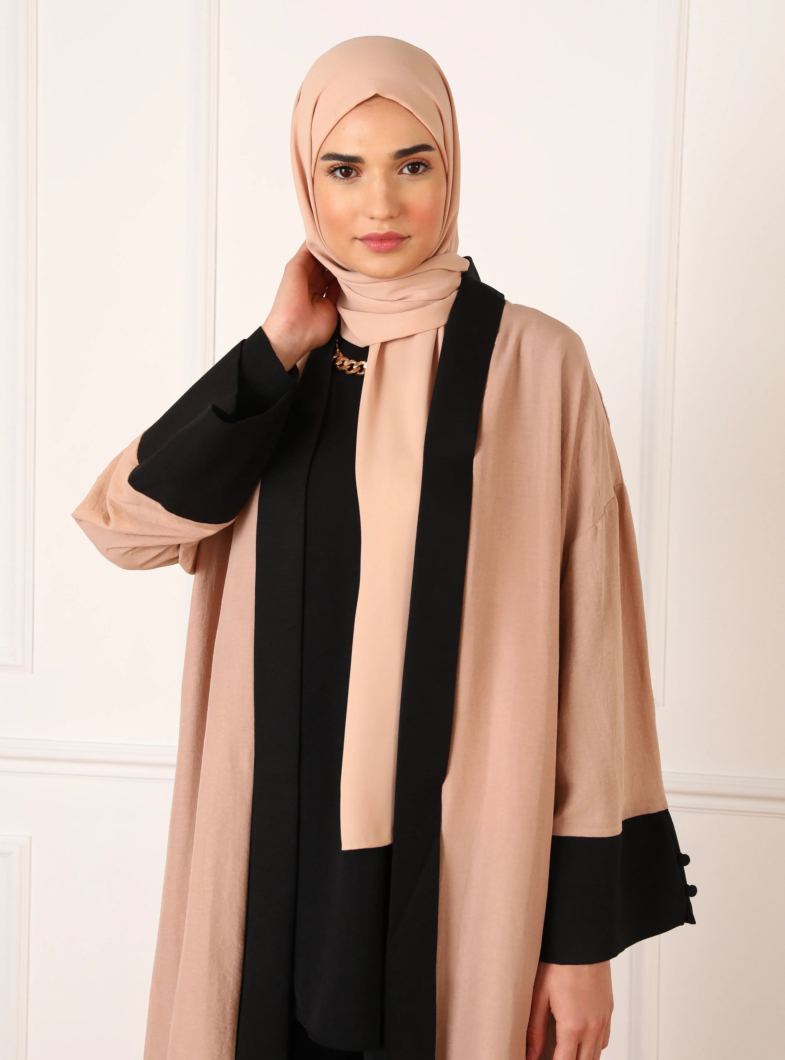 Pink Patchwork Abaya Cardigan – Open Front Robe | AbayaVida