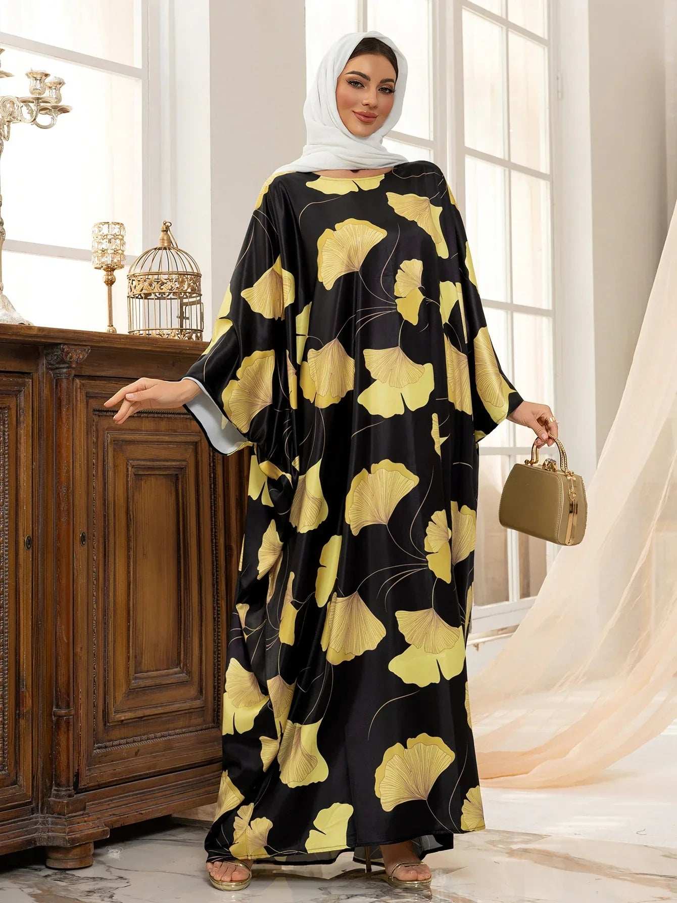 Golden Ginkgo Printed Abaya - Abaya Vida