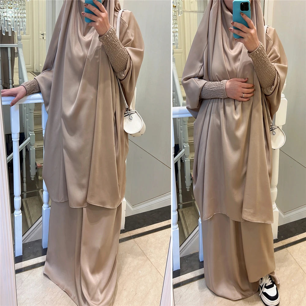 Eid Djellaba Kebaya Two-Piece Set – Hooded Satin Khimar & Skirt, One Size