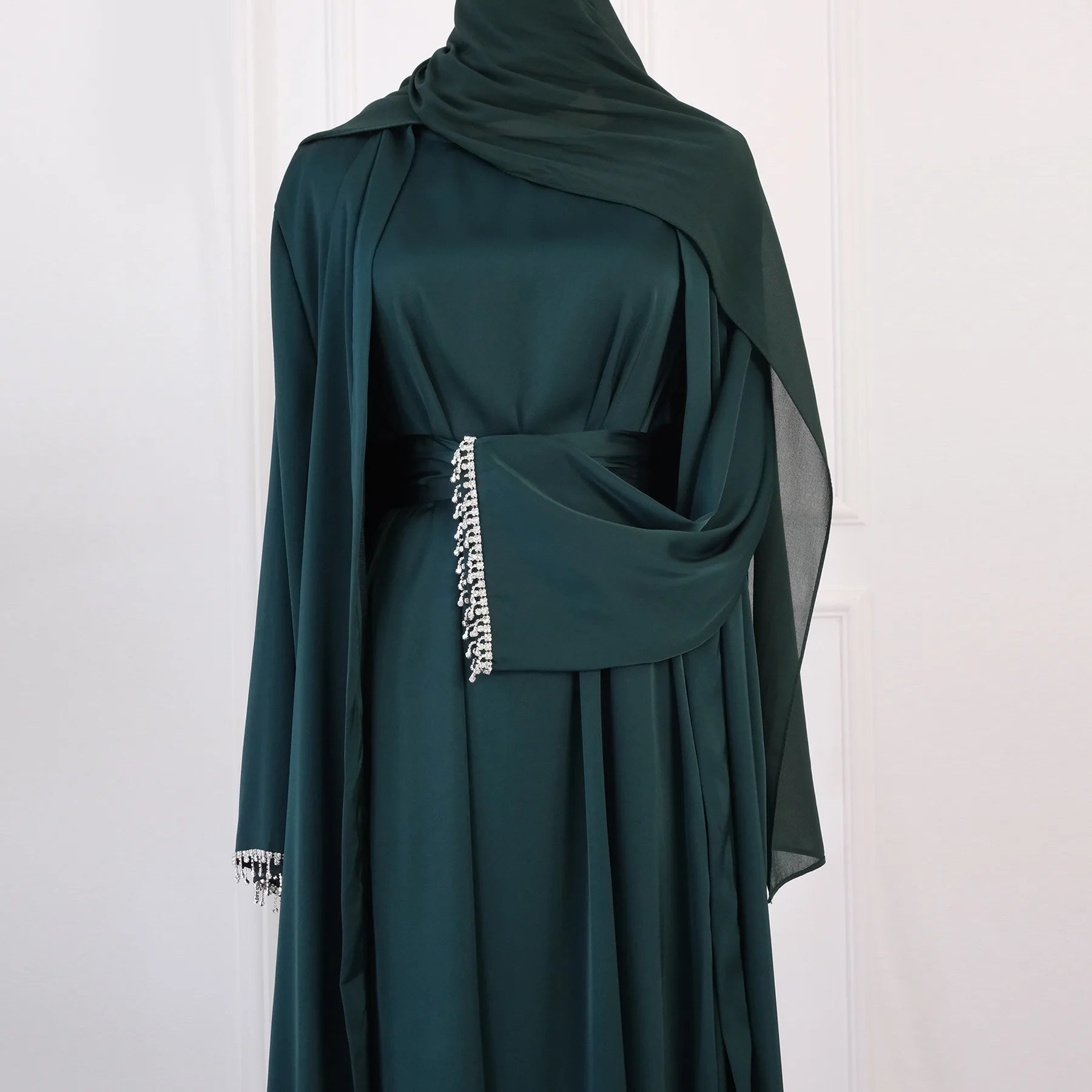 Nida Crystal Chain Evening Set – Cardigan, Dress & Chain | AbayaVida