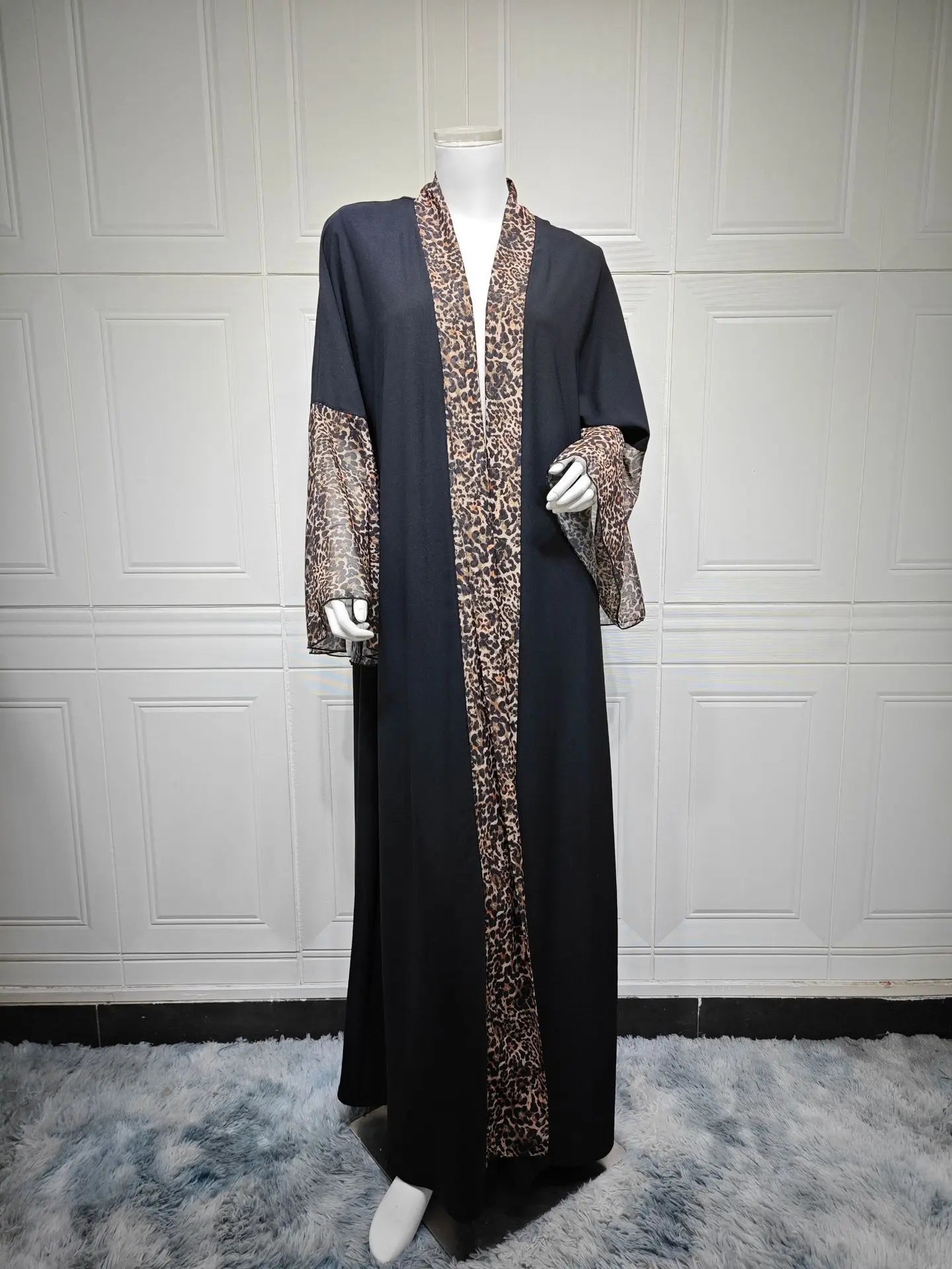 Leopard Trim Chiffon Abaya Set with Hijab – Open Front Kaftan | AbayaVida