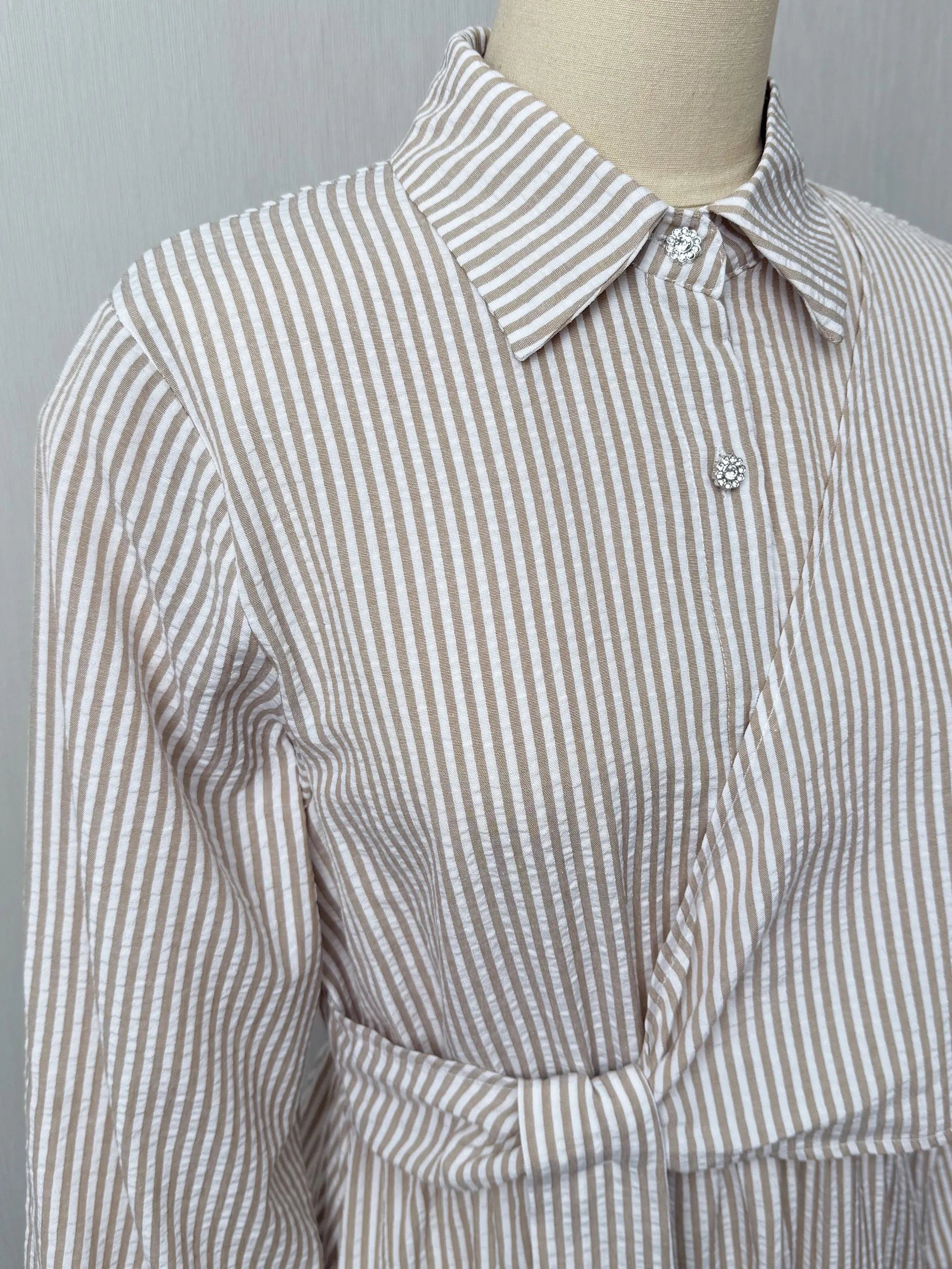 Belted Striped Modest Dress – Shirt Neckline Commute Robe | AbayaVida