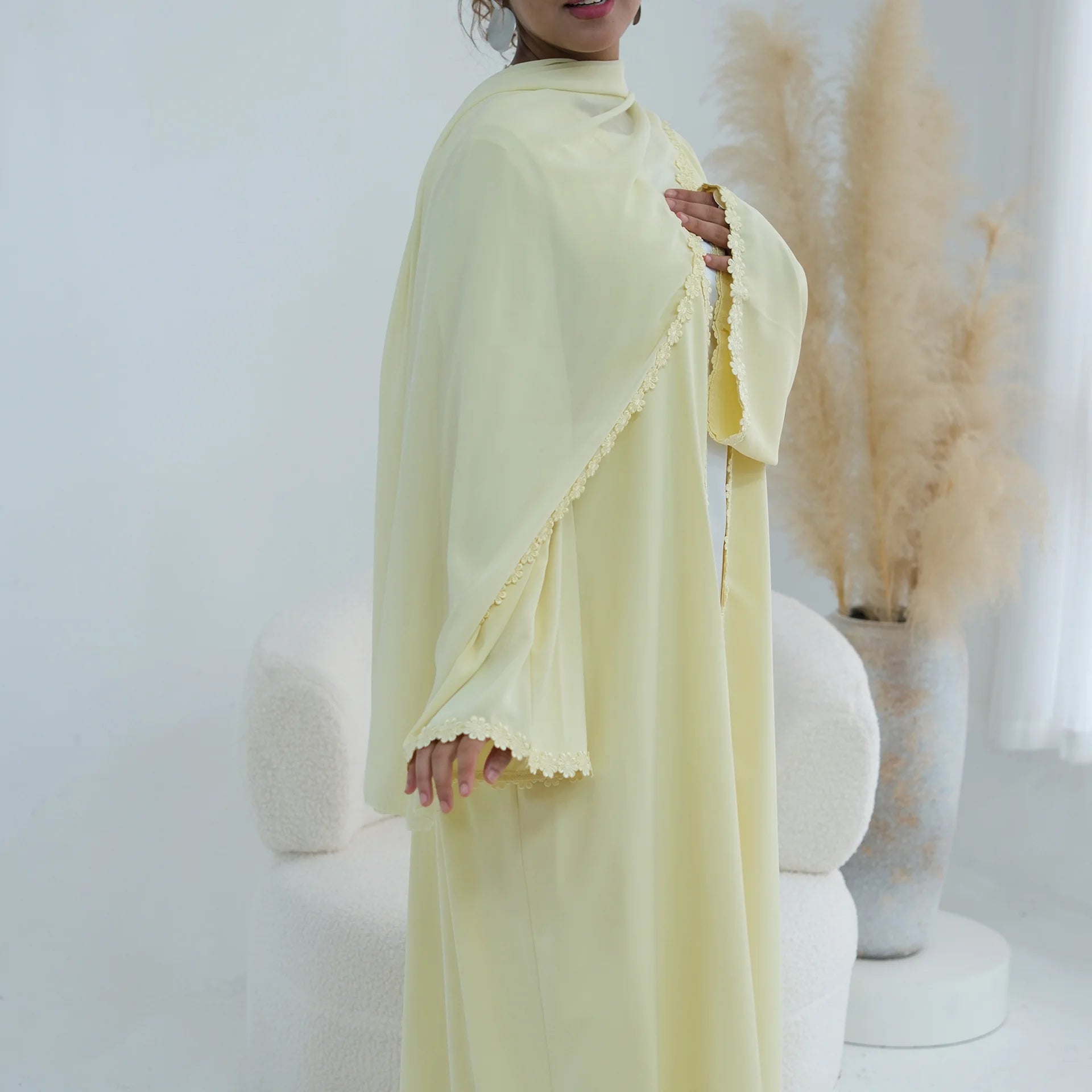 Eid Abaya with Hijab Set – Lace Detail Open Front Robe