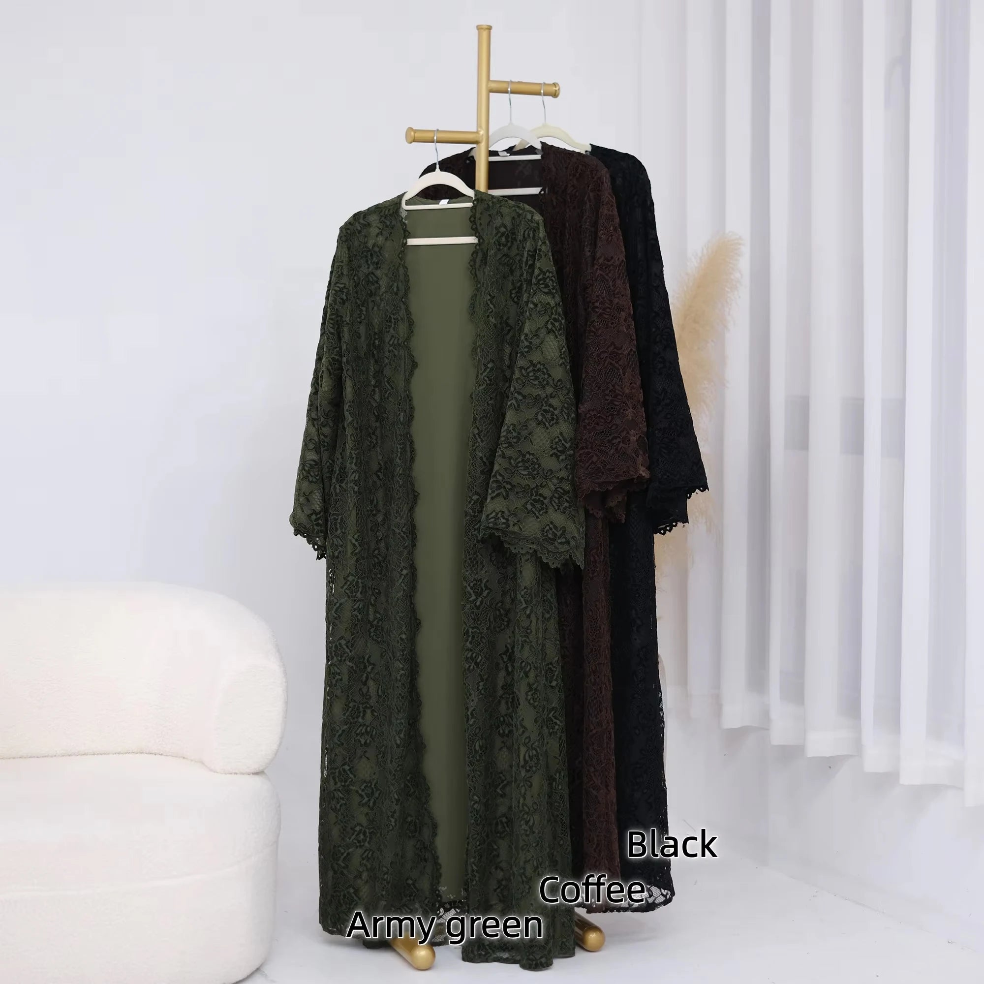 Zahraa Beaded Kimono Abaya – Lined Lace Open Front Robe - Green - S | AbayaVida