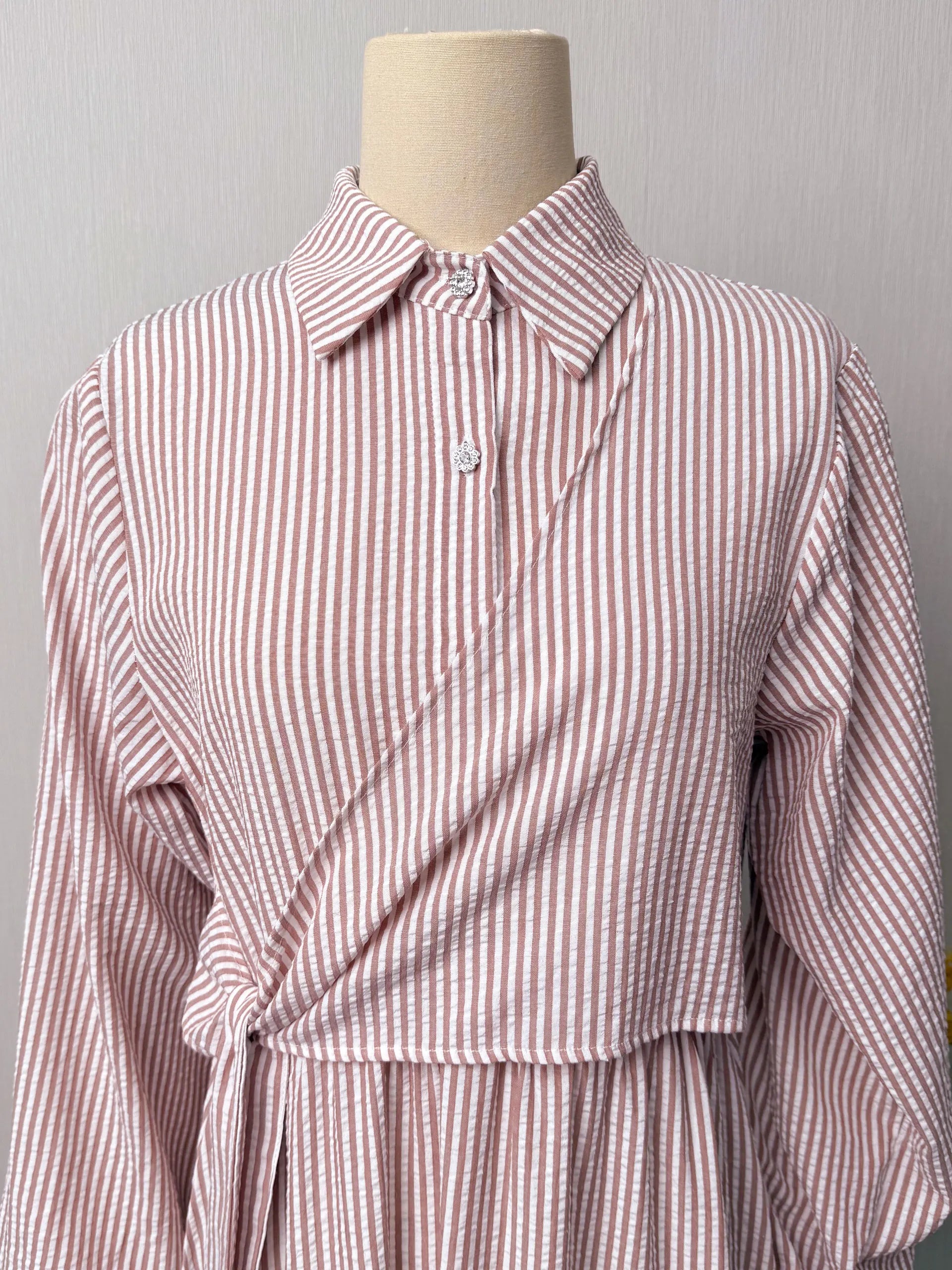 Belted Striped Modest Dress – Shirt Neckline Commute Robe | AbayaVida