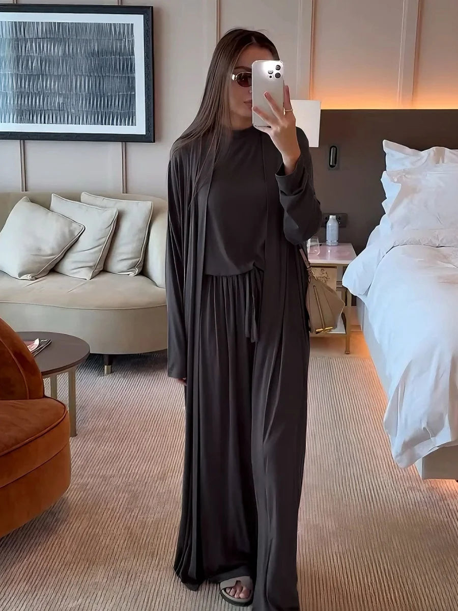 Dubai Three-Piece Abaya Set – Cardigan, Top & Trousers Coordinated Outfit