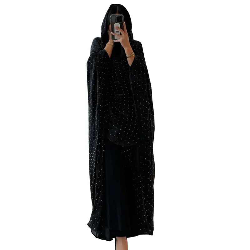 Luxurious Rhinestone Abaya Set with Headscarf – Draped Kaftan, One Size | AbayaVida