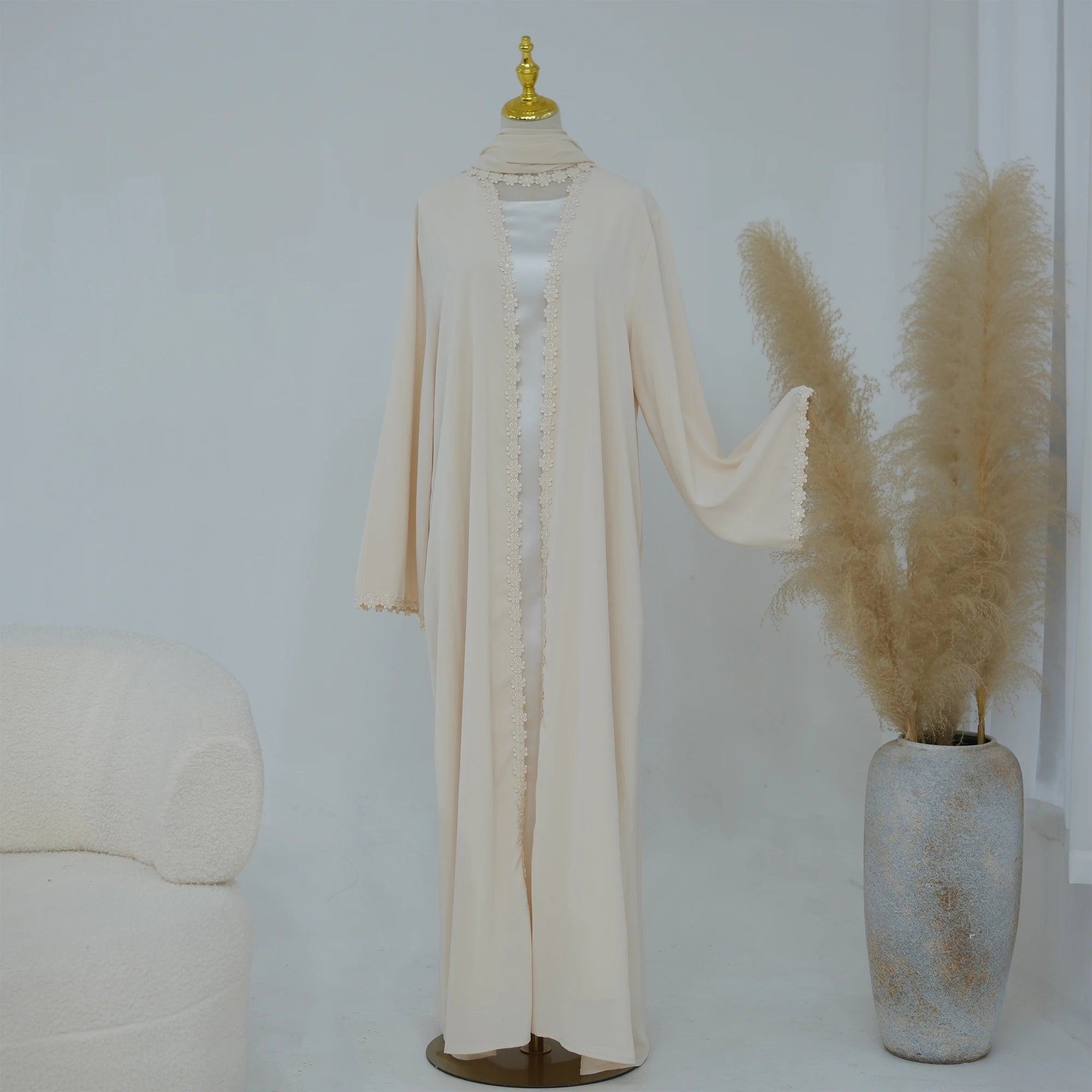 Summer Lace Flower Abaya with Scarf – Open Front Robe, Side Pockets