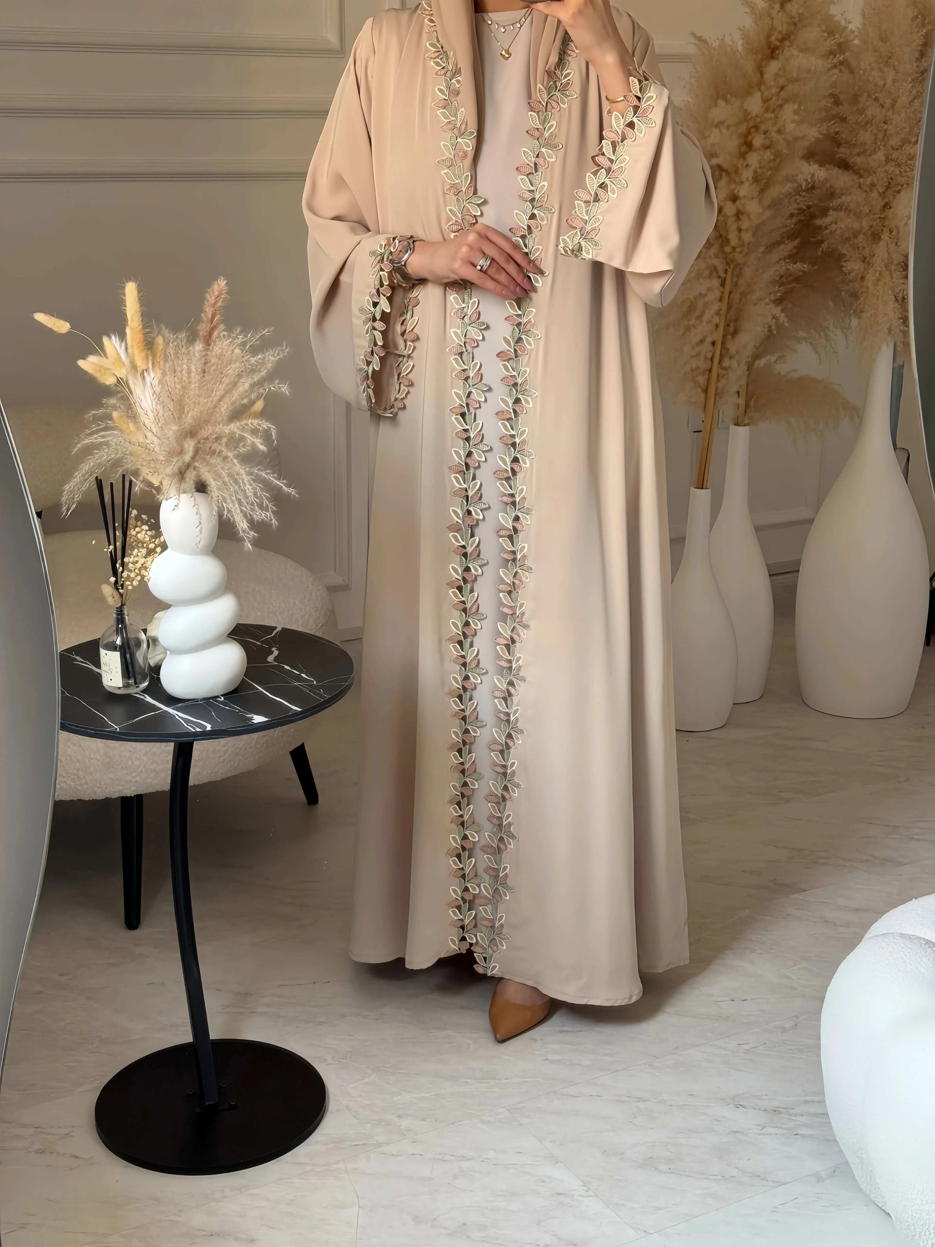 Beige Harmony Embroidered Abaya - Abaya Vida